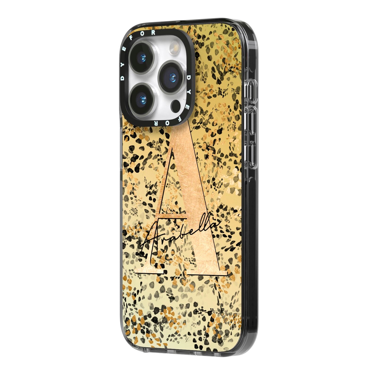 Personalised Gold Black Cheetah iPhone 14 Pro Black Impact Case Side Angle on Silver phone