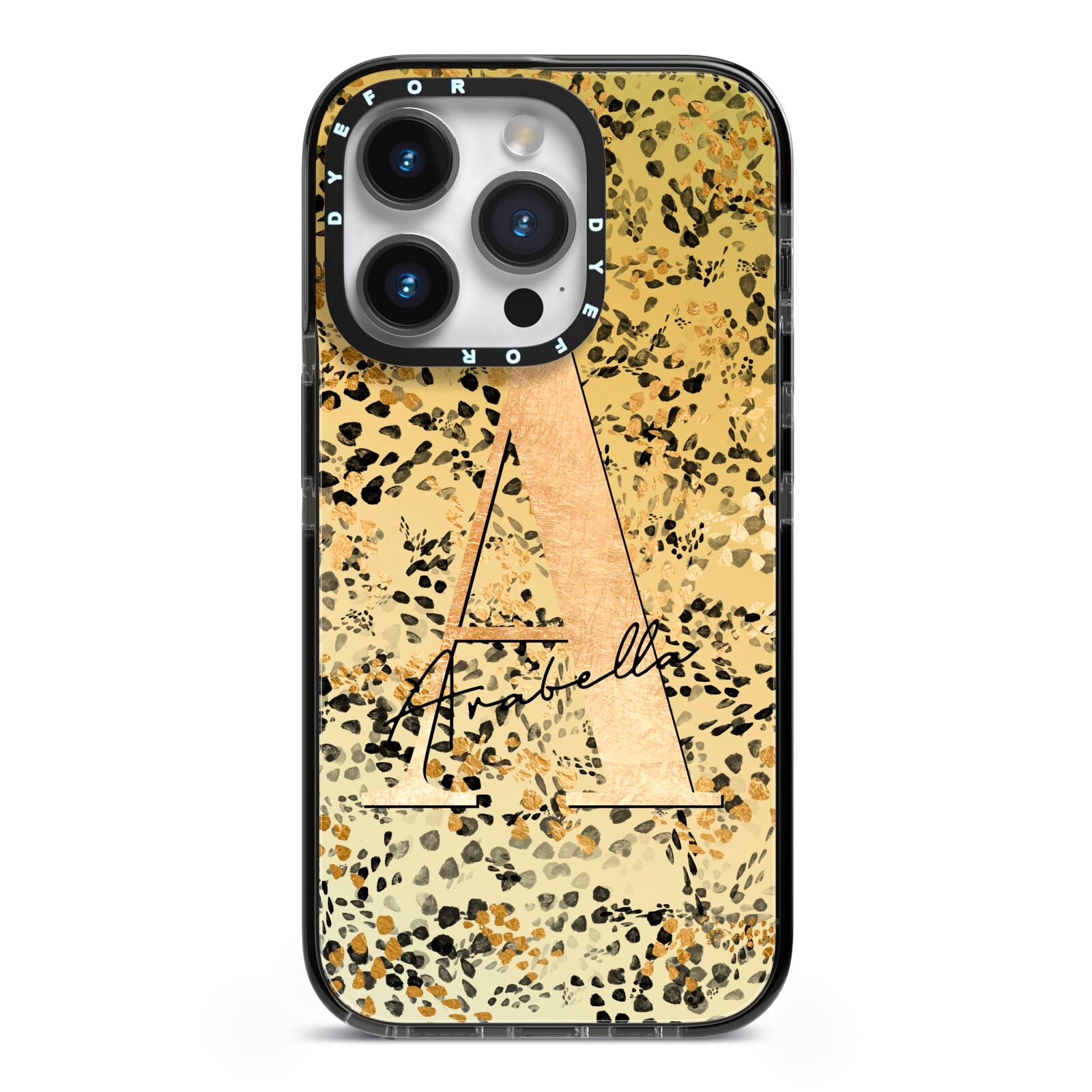 Personalised Gold Black Cheetah iPhone 14 Pro Black Impact Case on Silver phone