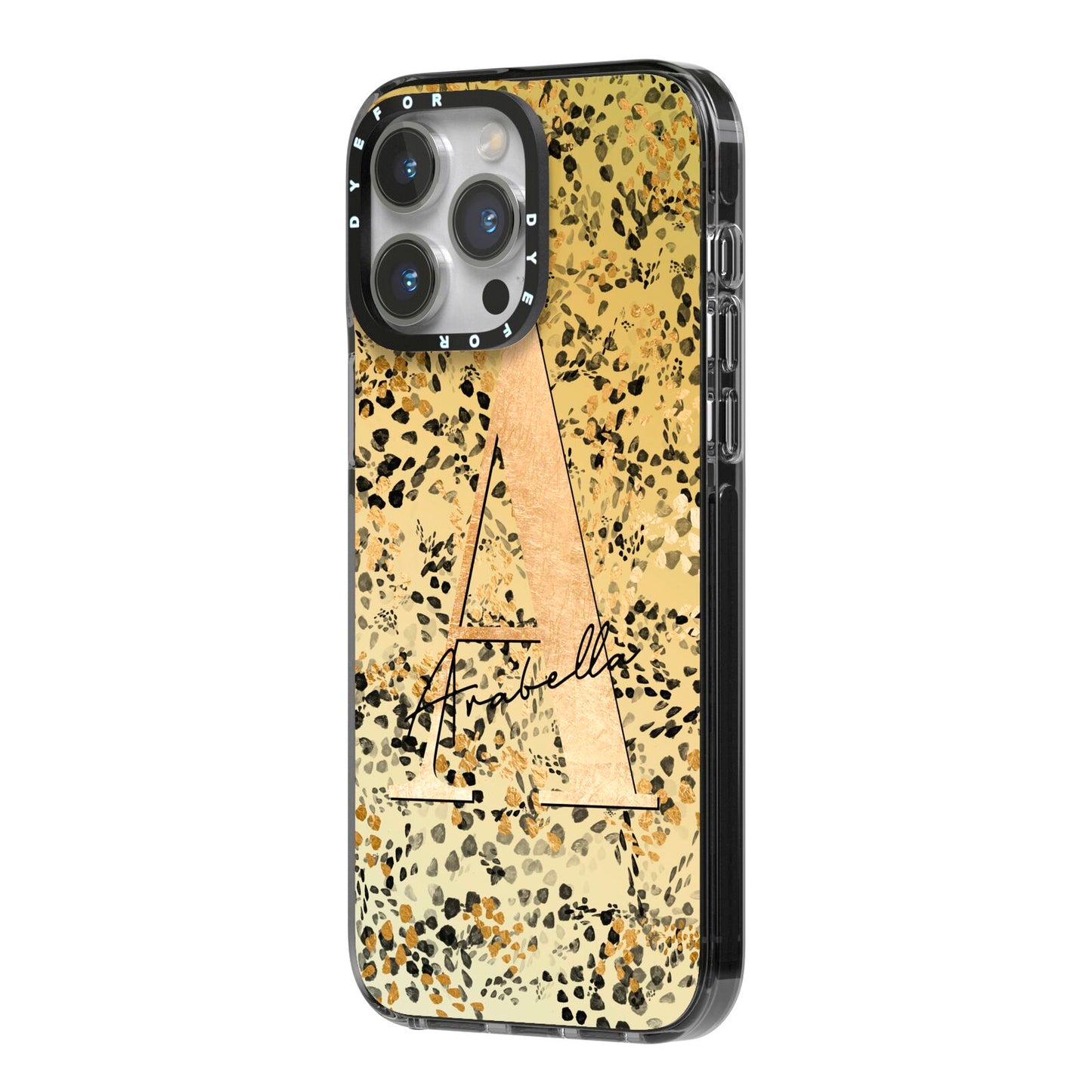 Personalised Gold Black Cheetah iPhone 14 Pro Max Black Impact Case Side Angle on Silver phone