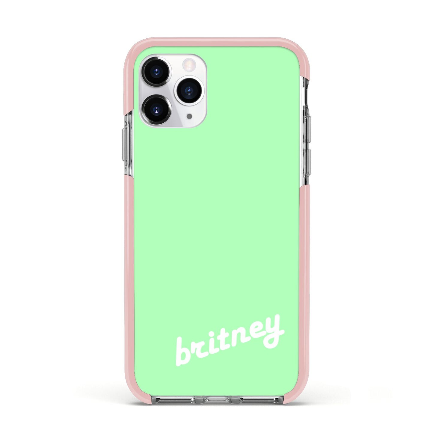 Personalised Green Name Apple iPhone 11 Pro in Silver with Pink Impact Case