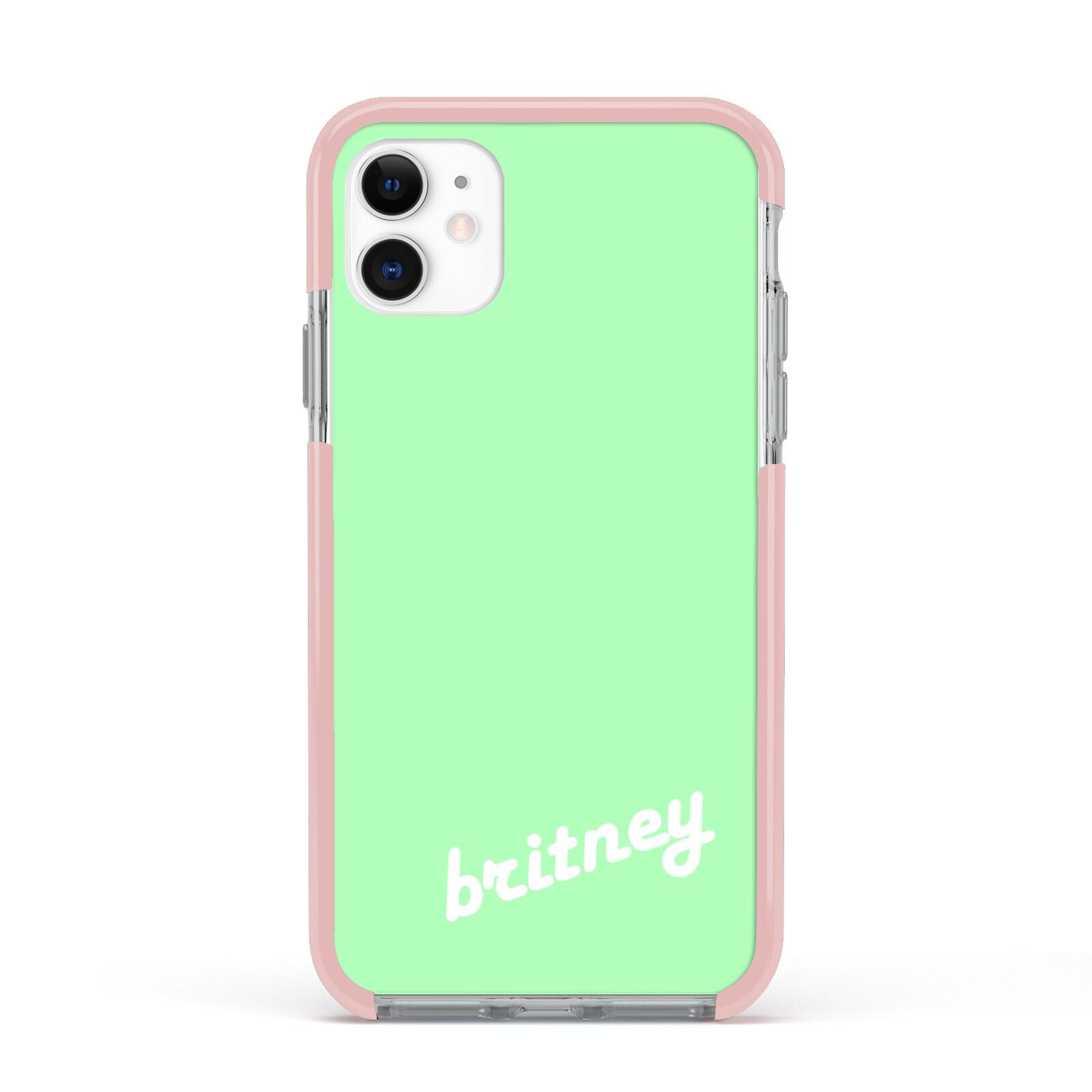 Personalised Green Name Apple iPhone 11 in White with Pink Impact Case