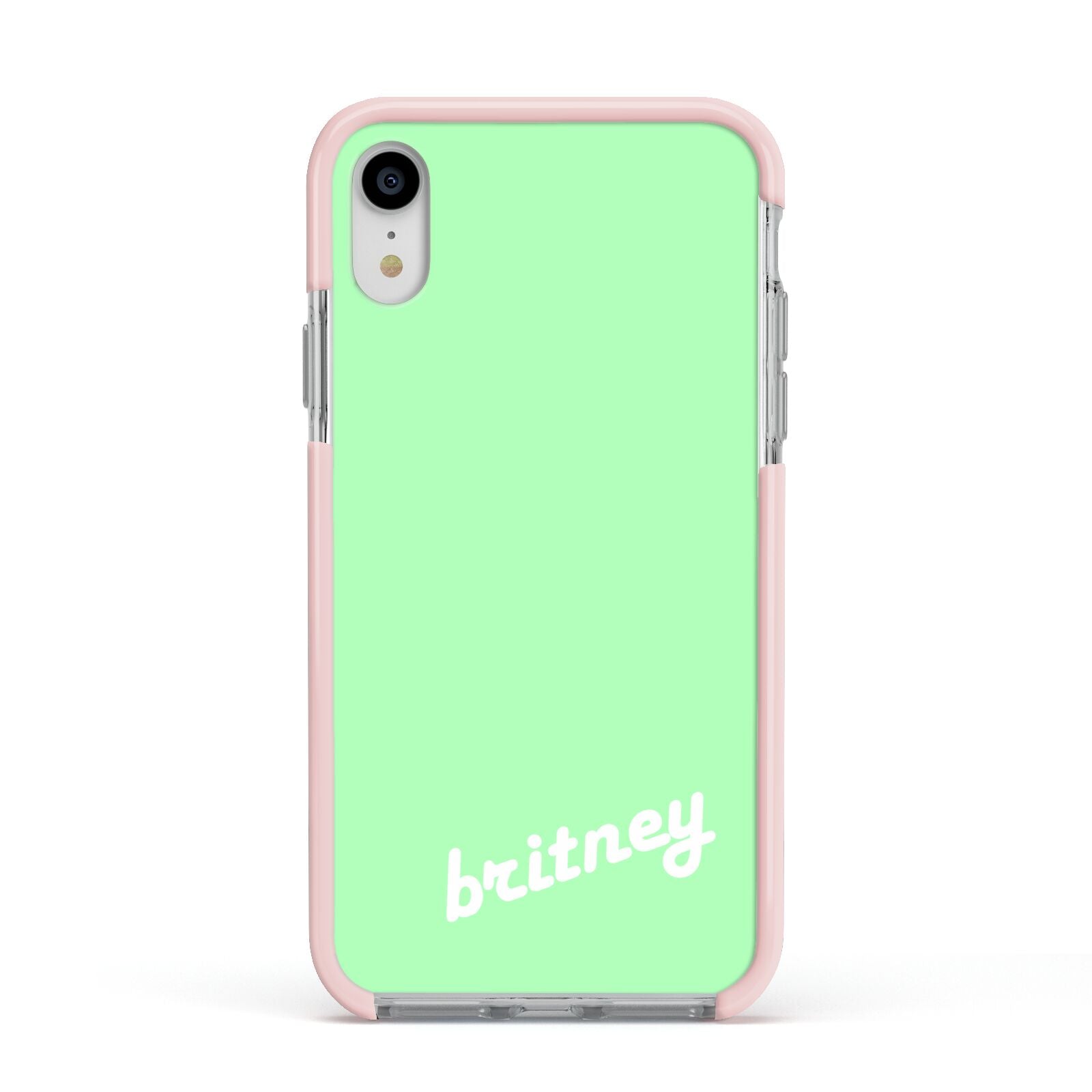 Personalised Green Name Apple iPhone XR Impact Case Pink Edge on Silver Phone