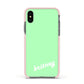 Personalised Green Name Apple iPhone Xs Impact Case Pink Edge on Black Phone