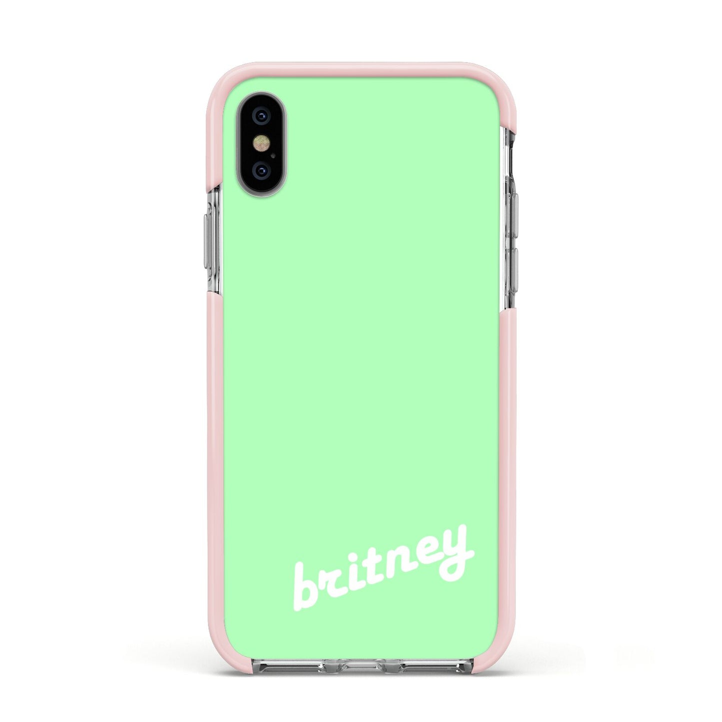 Personalised Green Name Apple iPhone Xs Impact Case Pink Edge on Silver Phone