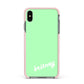 Personalised Green Name Apple iPhone Xs Max Impact Case Pink Edge on Black Phone