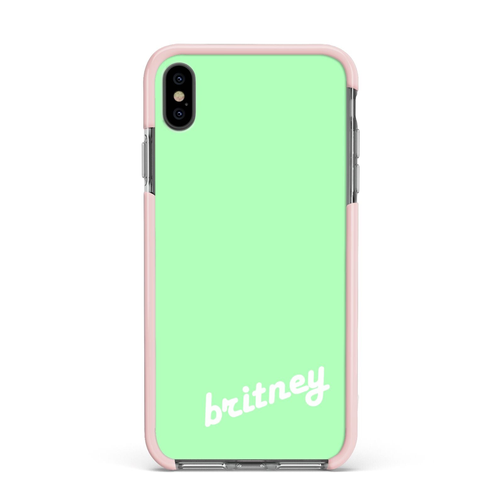 Personalised Green Name Apple iPhone Xs Max Impact Case Pink Edge on Black Phone