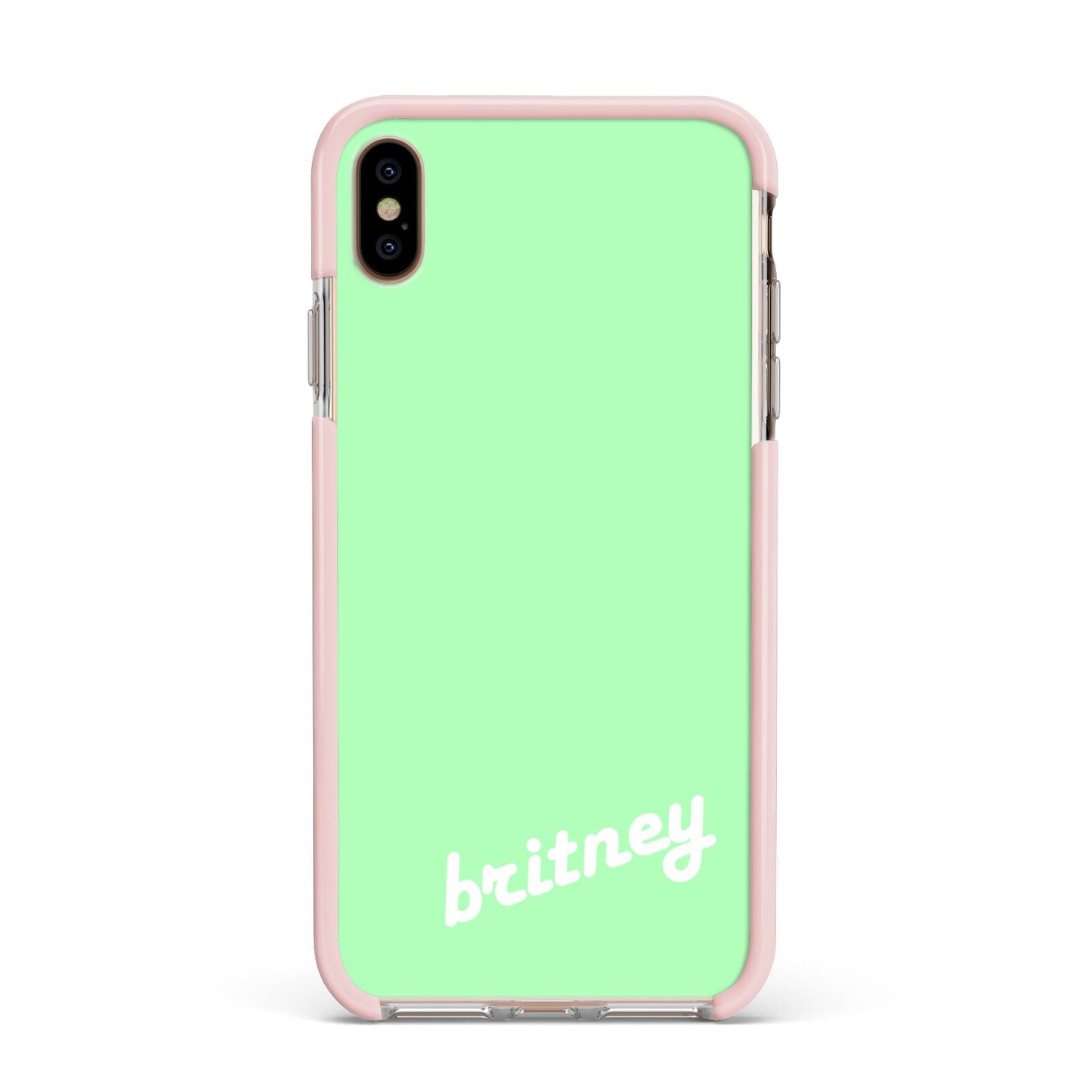 Personalised Green Name Apple iPhone Xs Max Impact Case Pink Edge on Gold Phone