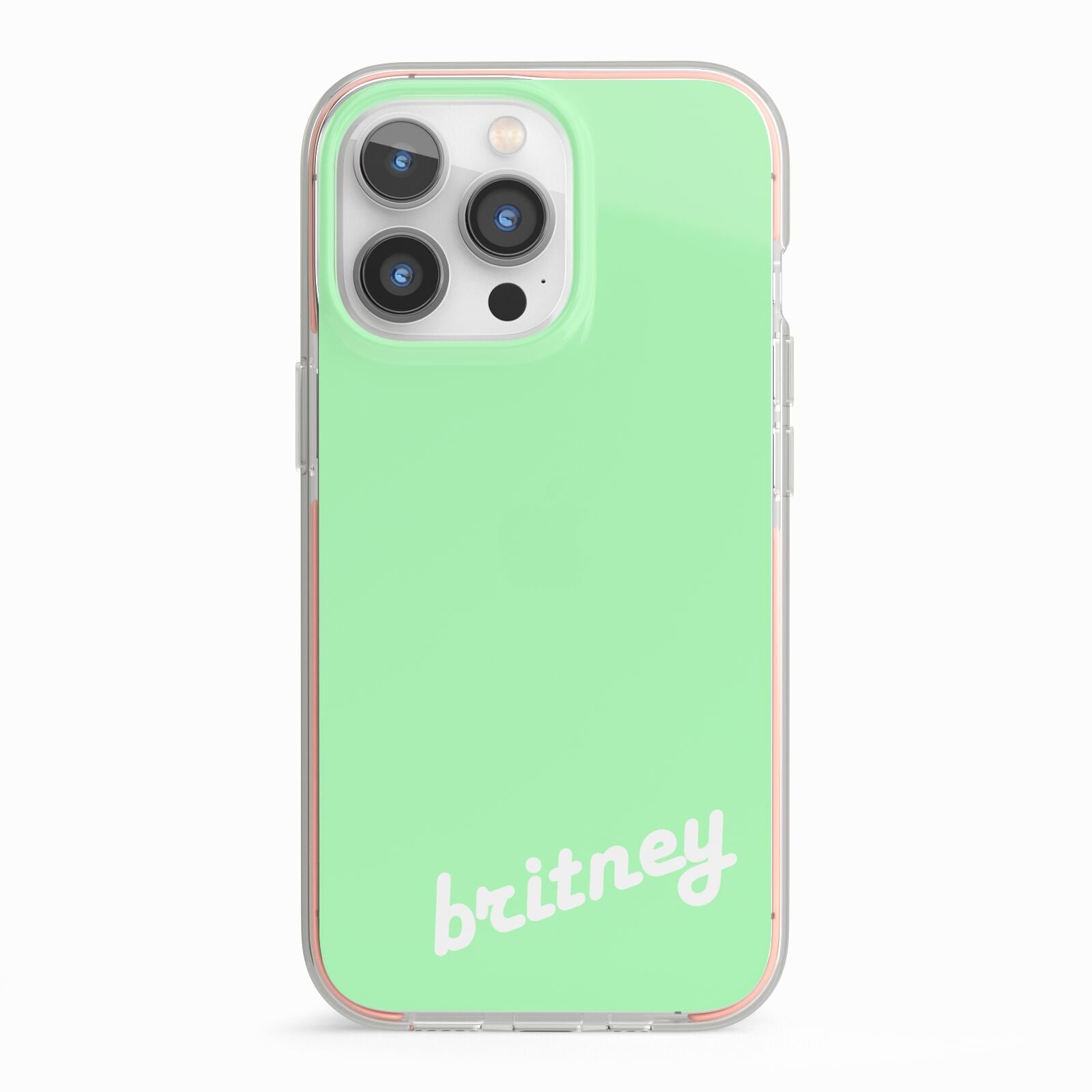 Personalised Green Name iPhone 13 Pro TPU Impact Case with Pink Edges