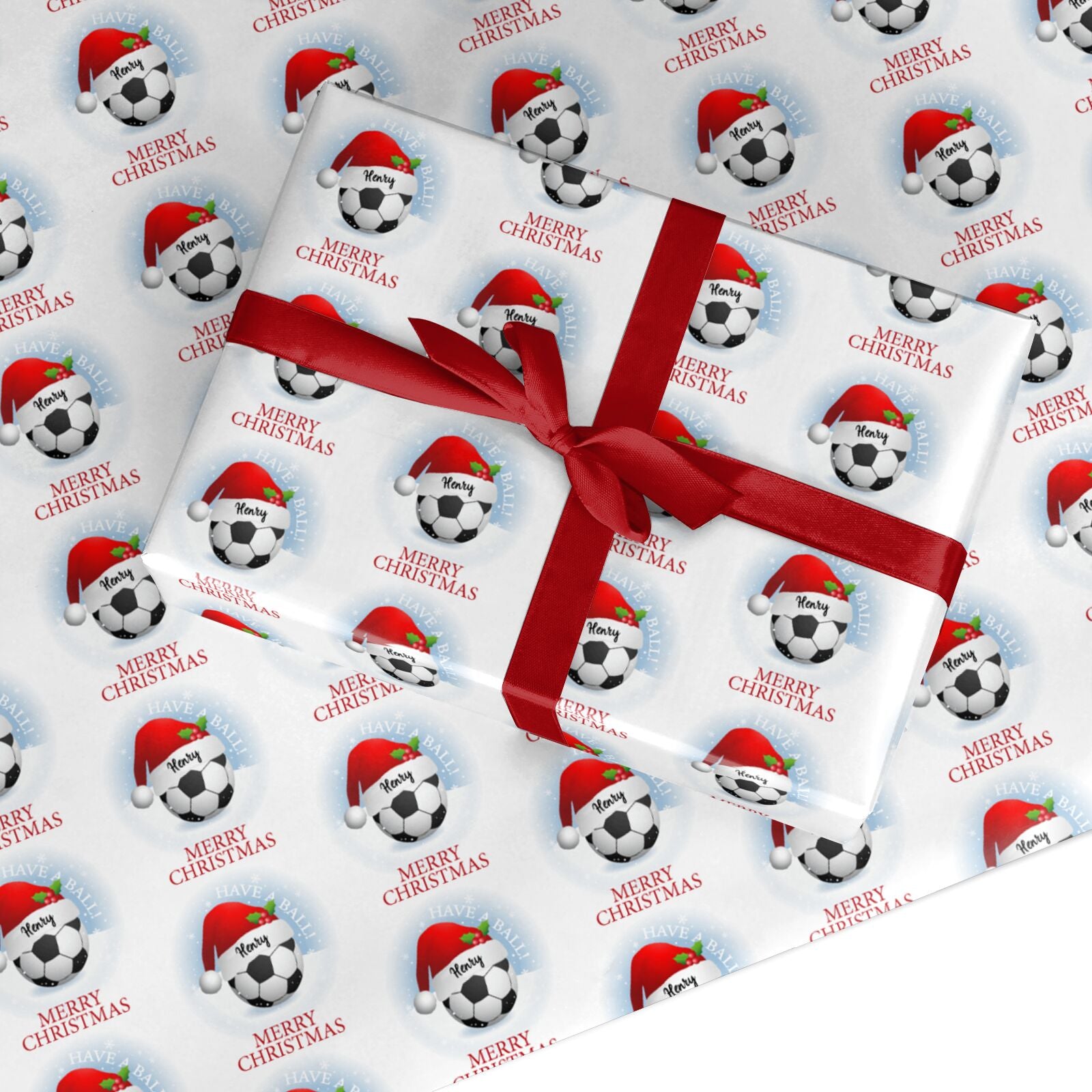 Personalised Merry Christmas Boys Football Santa Hat Custom Wrapping Paper