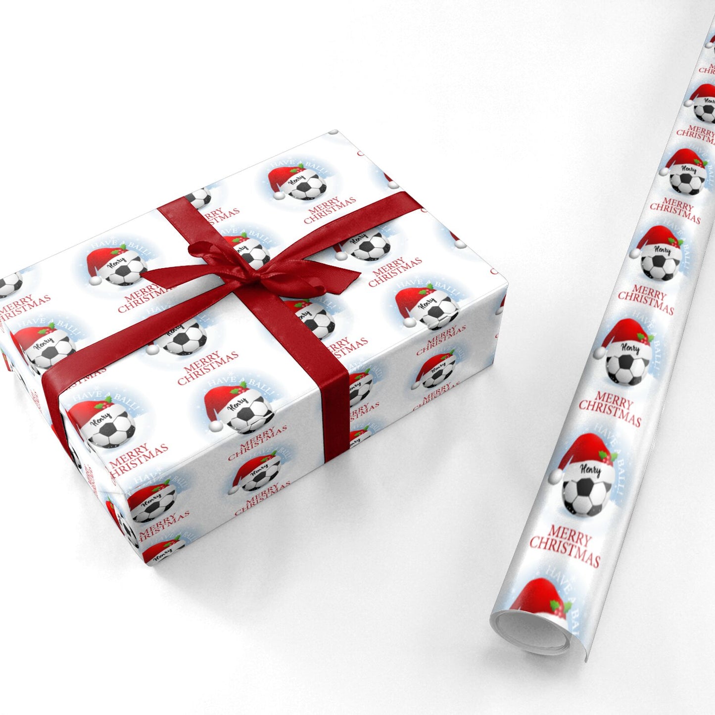 Personalised Merry Christmas Boys Football Santa Hat Personalised Wrapping Paper