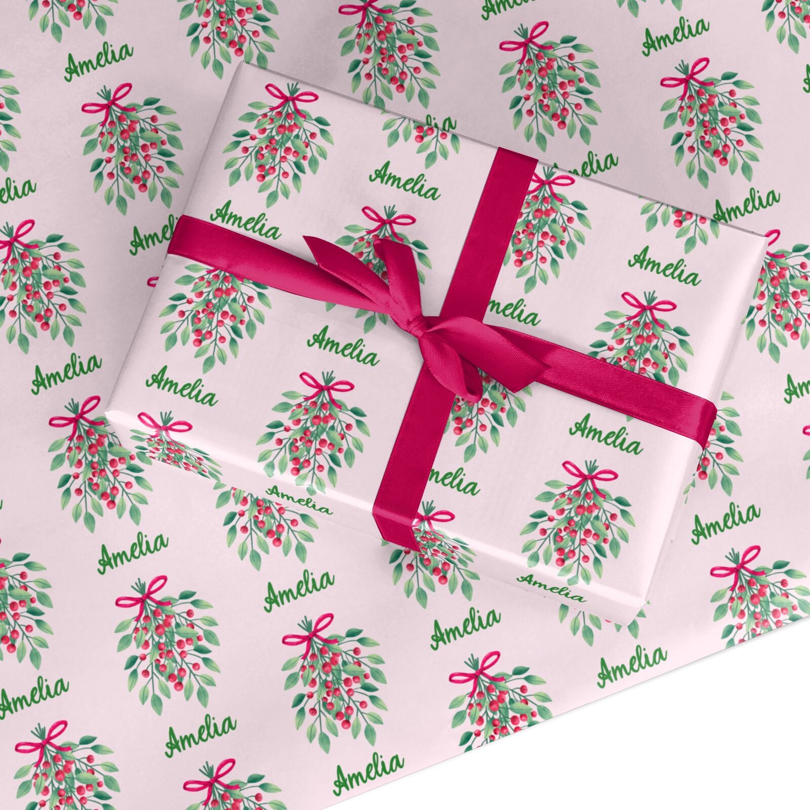 Personalised Mistletoe Pink Christmas Custom Wrapping Paper