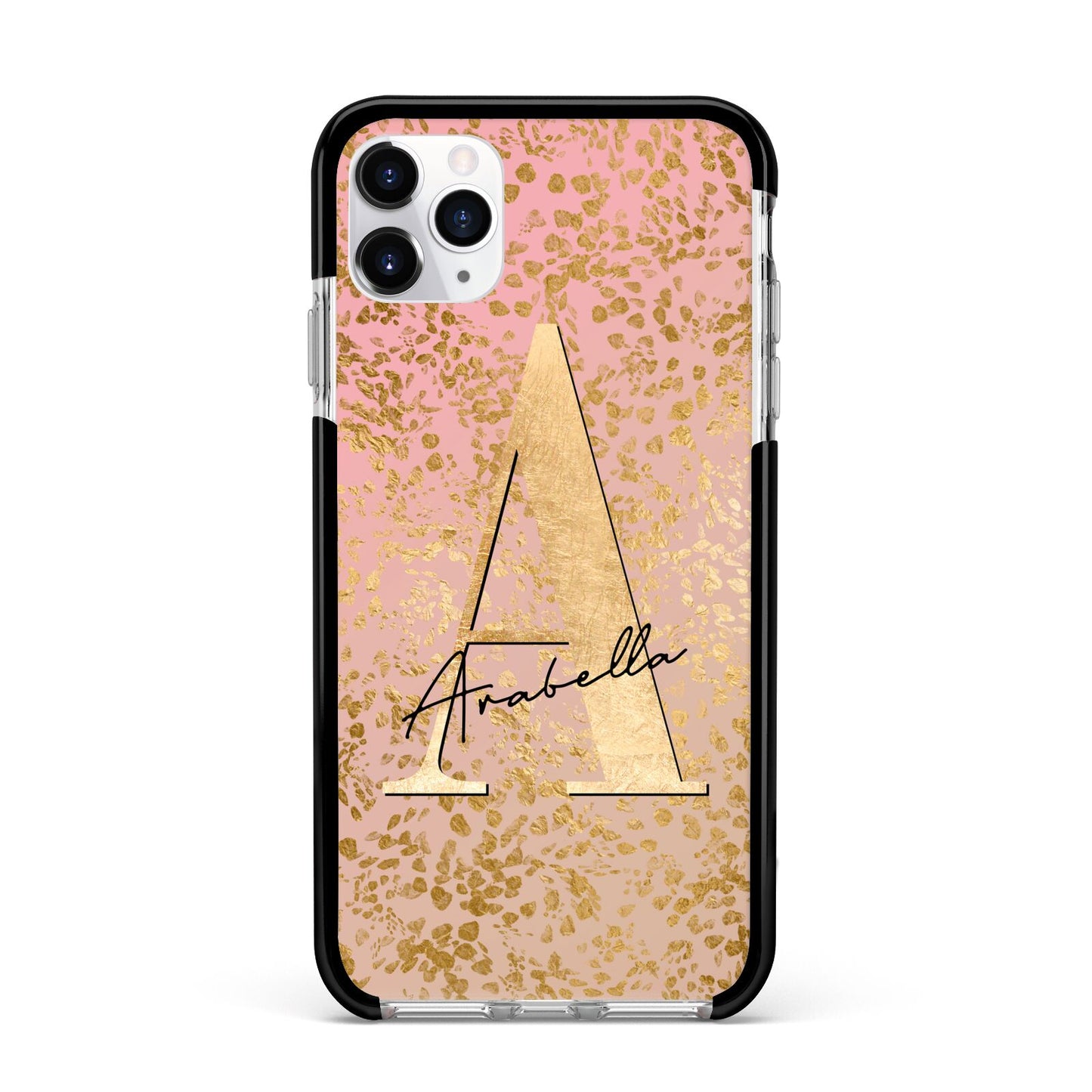 Personalised Pink Gold Cheetah Apple iPhone 11 Pro Max in Silver with Black Impact Case