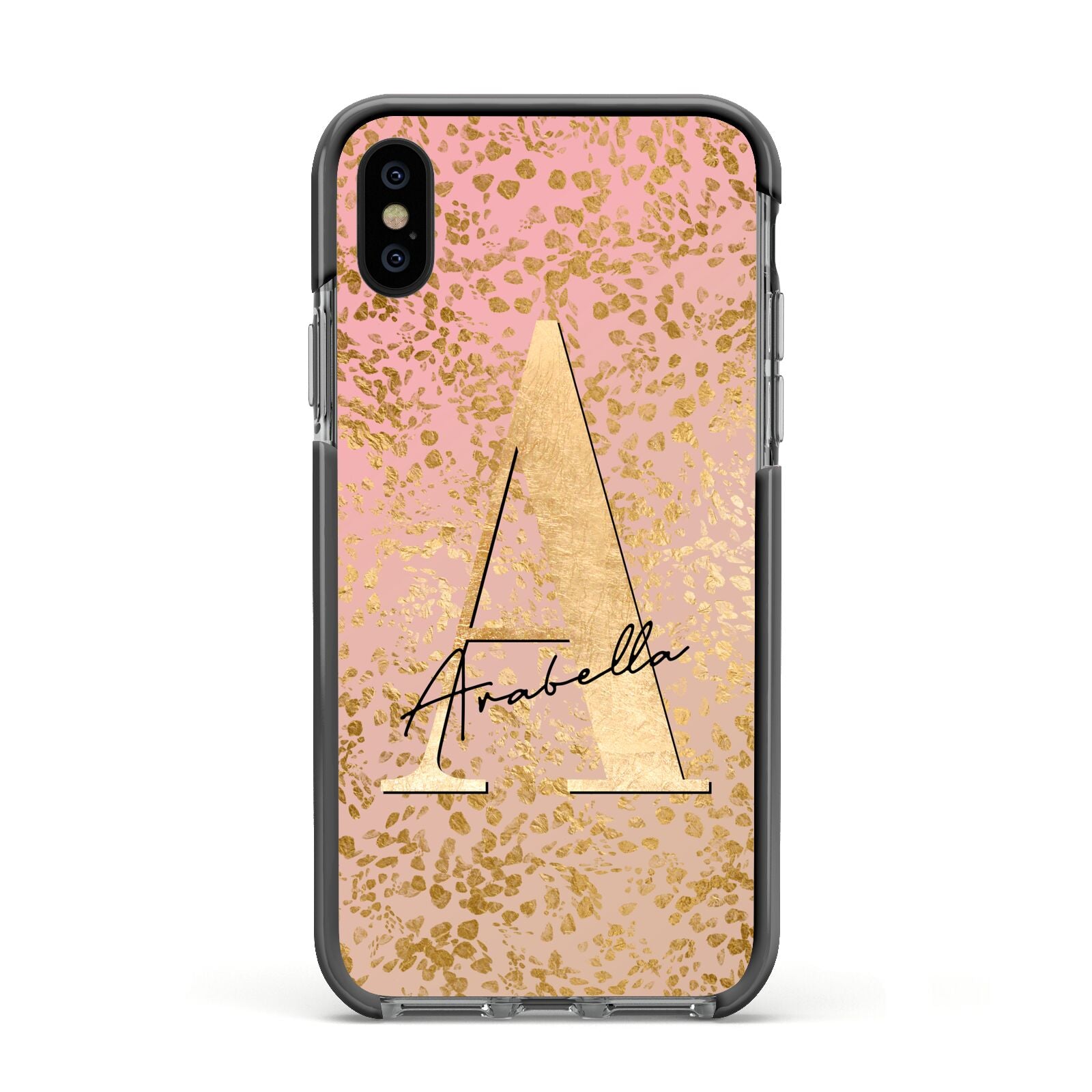 Personalised Pink Gold Cheetah Apple iPhone Xs Impact Case Black Edge on Black Phone