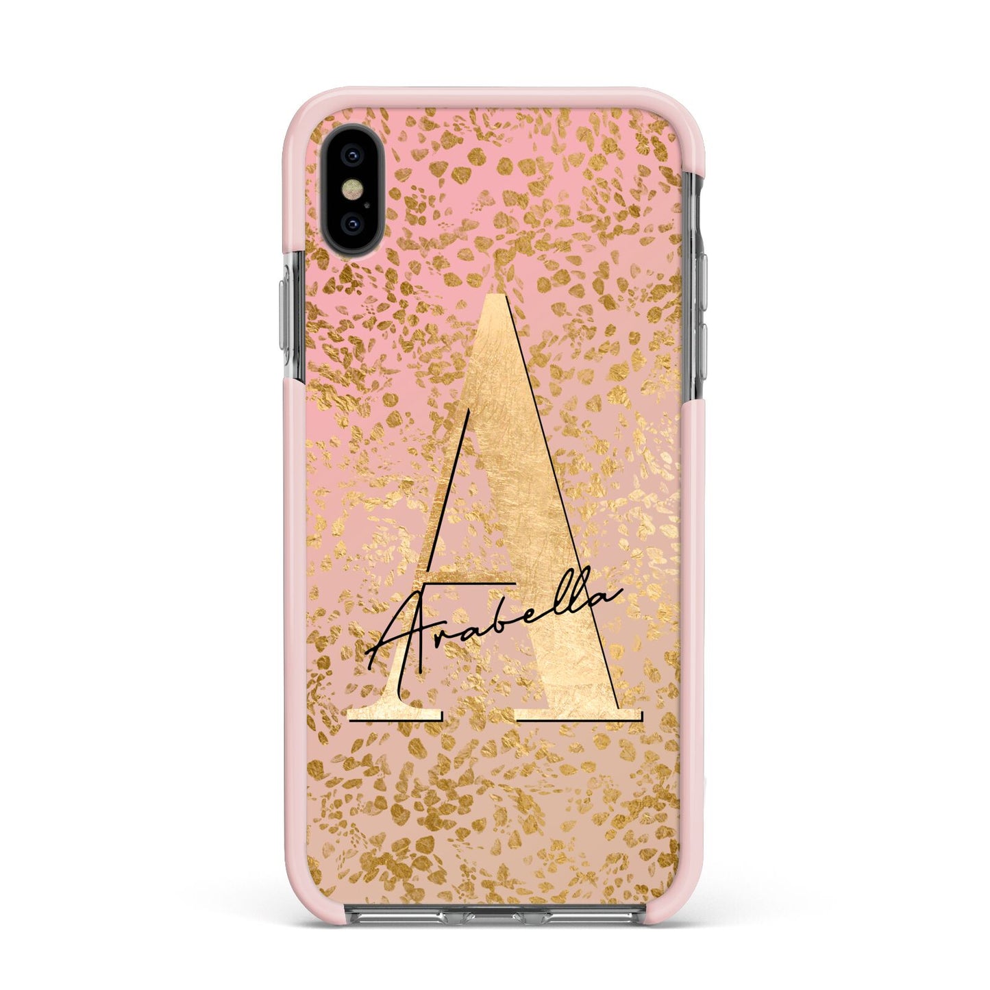 Personalised Pink Gold Cheetah Apple iPhone Xs Max Impact Case Pink Edge on Black Phone