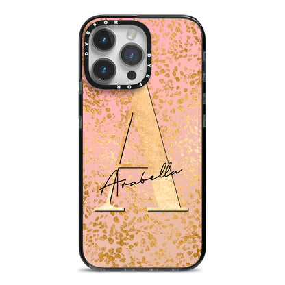 Personalised Pink Gold Cheetah iPhone 14 Pro Max Black Impact Case on Silver phone