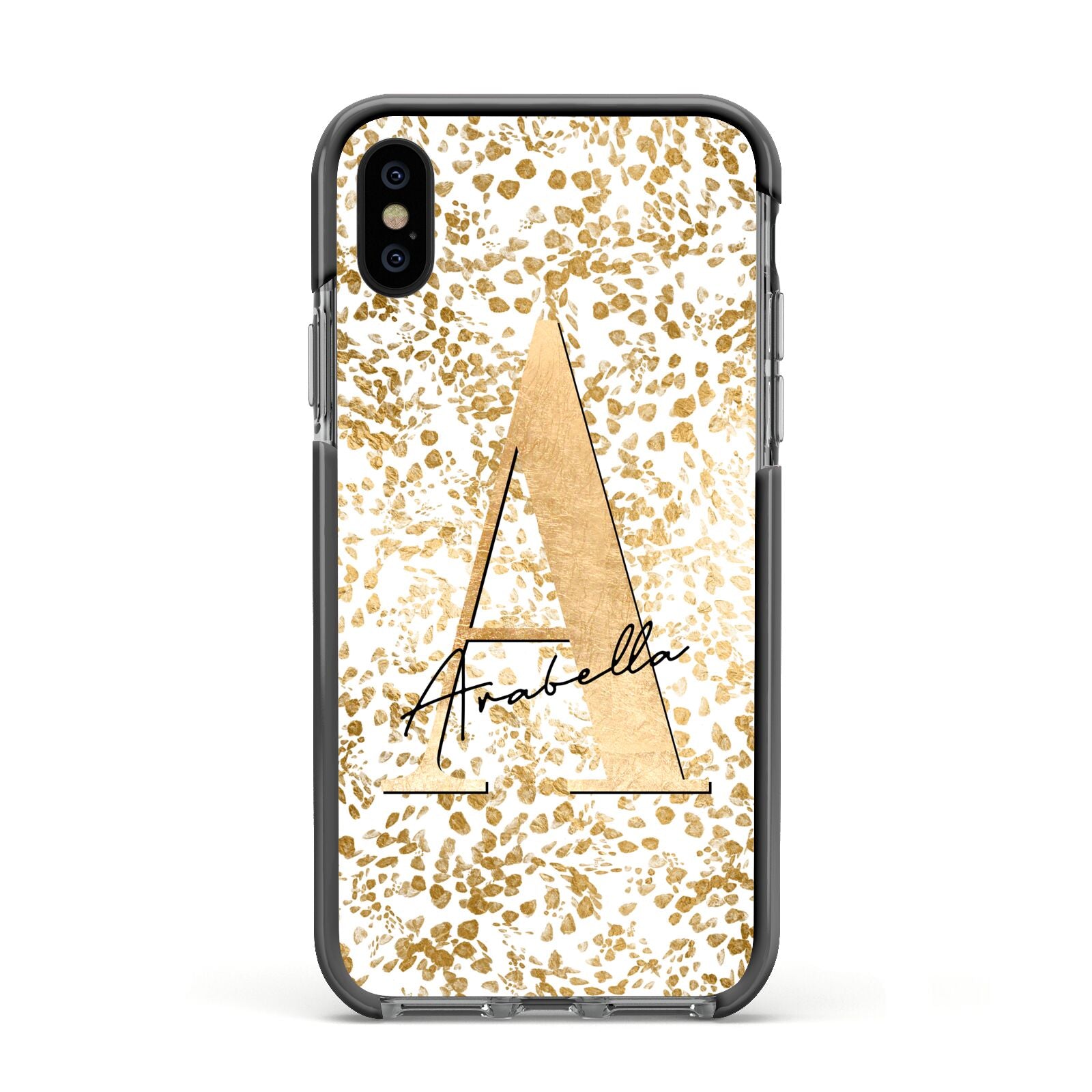 Personalised White Gold Cheetah Apple iPhone Xs Impact Case Black Edge on Black Phone