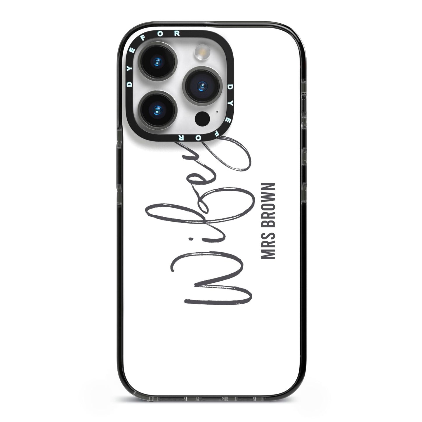 Personalised Wifey White iPhone 14 Pro Black Impact Case on Silver phone