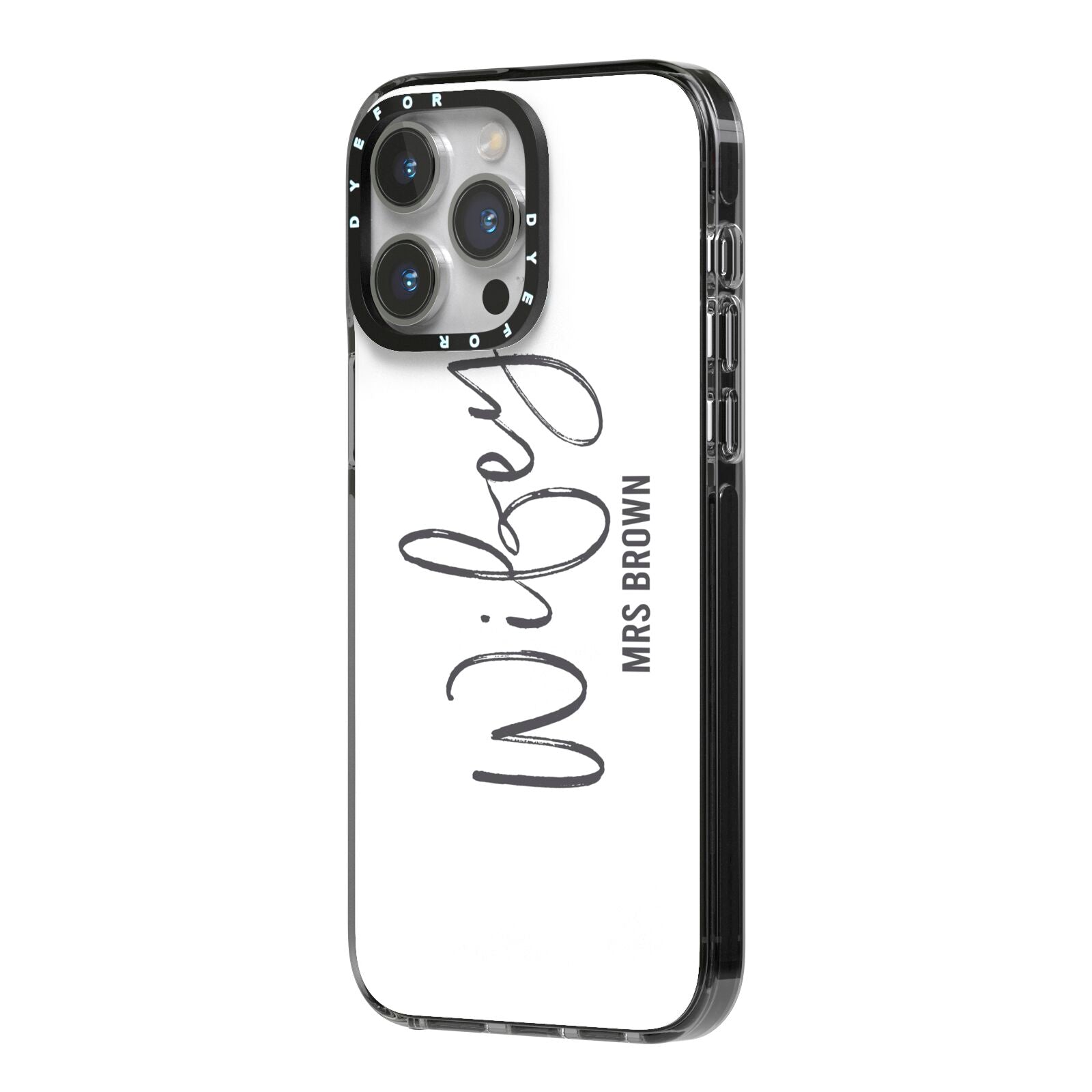 Personalised Wifey White iPhone 14 Pro Max Black Impact Case Side Angle on Silver phone