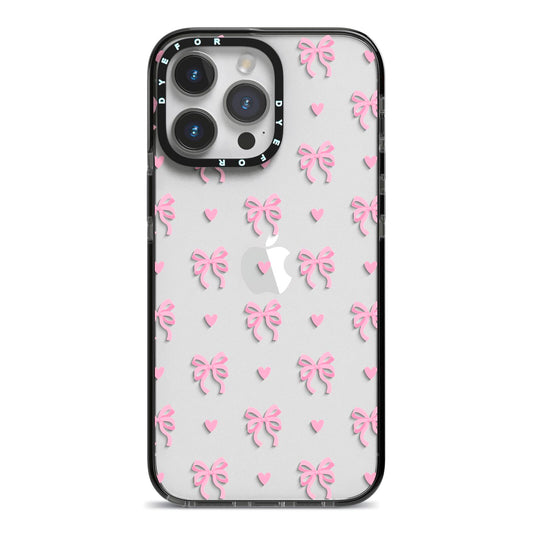 Pink Bow and Heart iPhone 14 Pro Max Black Impact Case on Silver phone