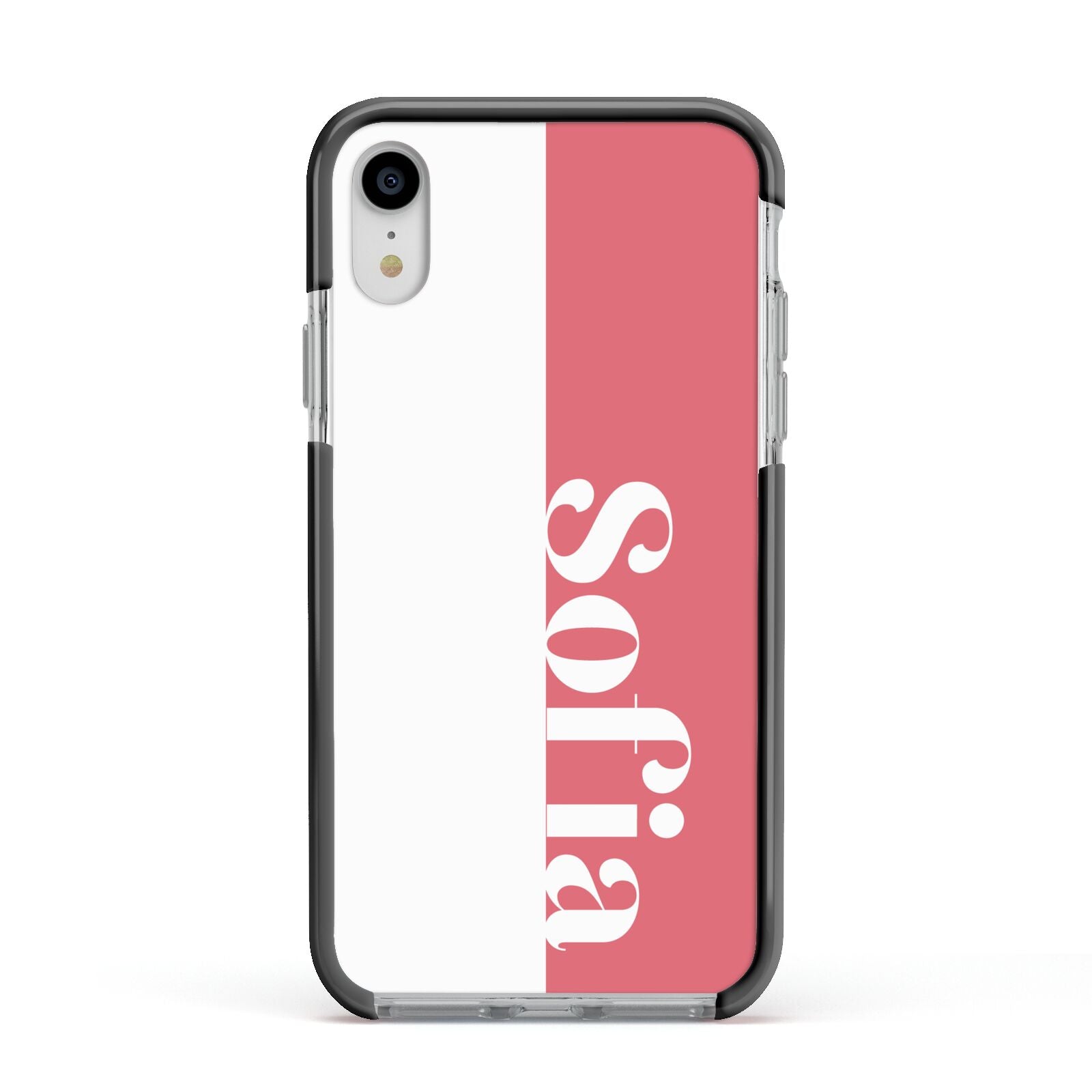 Pink White Personalised Apple iPhone XR Impact Case Black Edge on Silver Phone