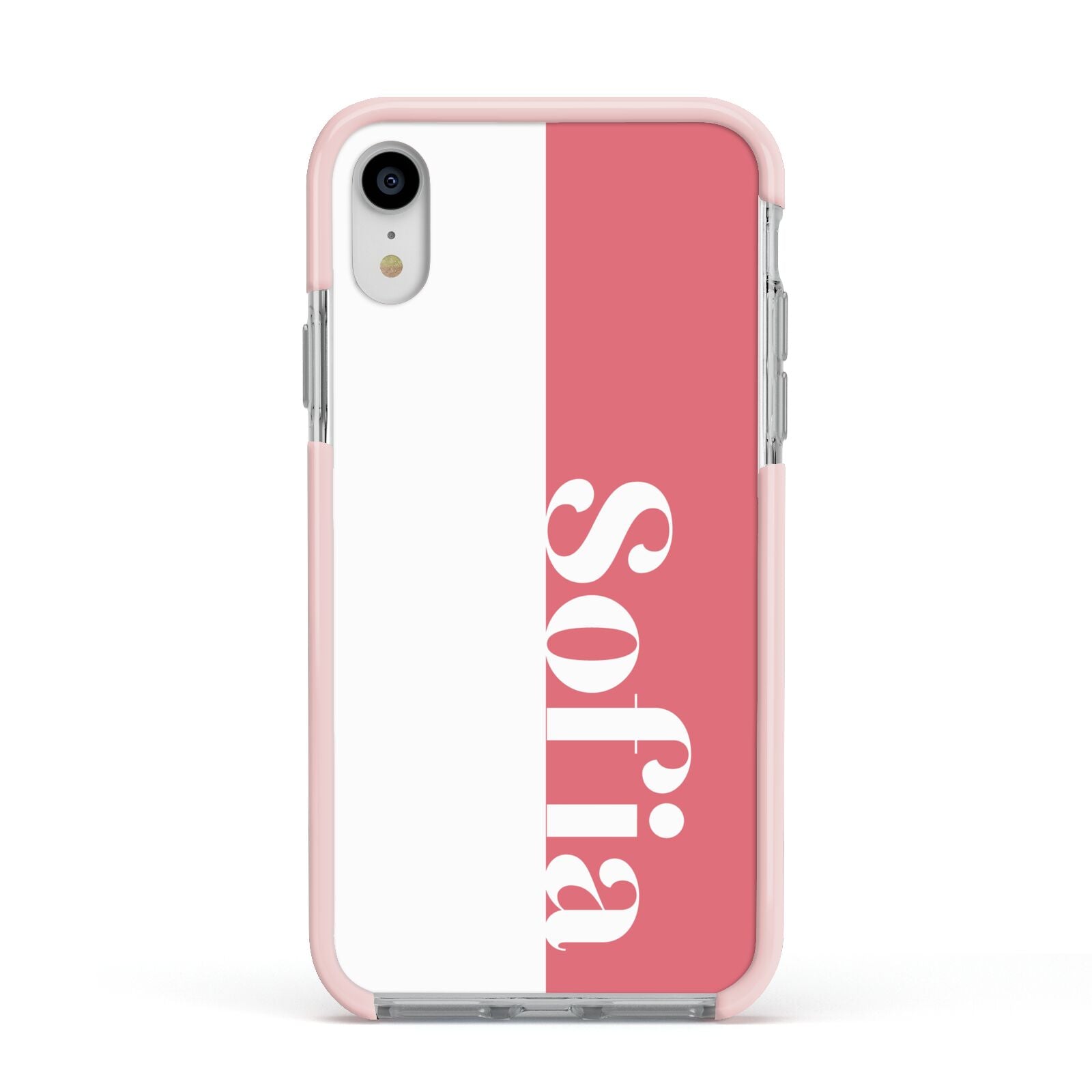 Pink White Personalised Apple iPhone XR Impact Case Pink Edge on Silver Phone