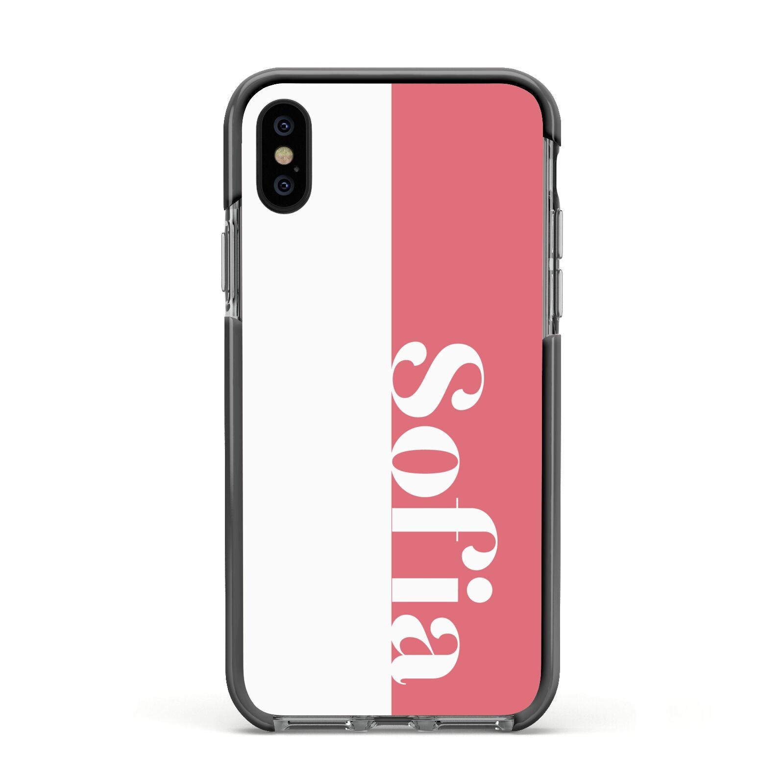 Pink White Personalised Apple iPhone Xs Impact Case Black Edge on Black Phone