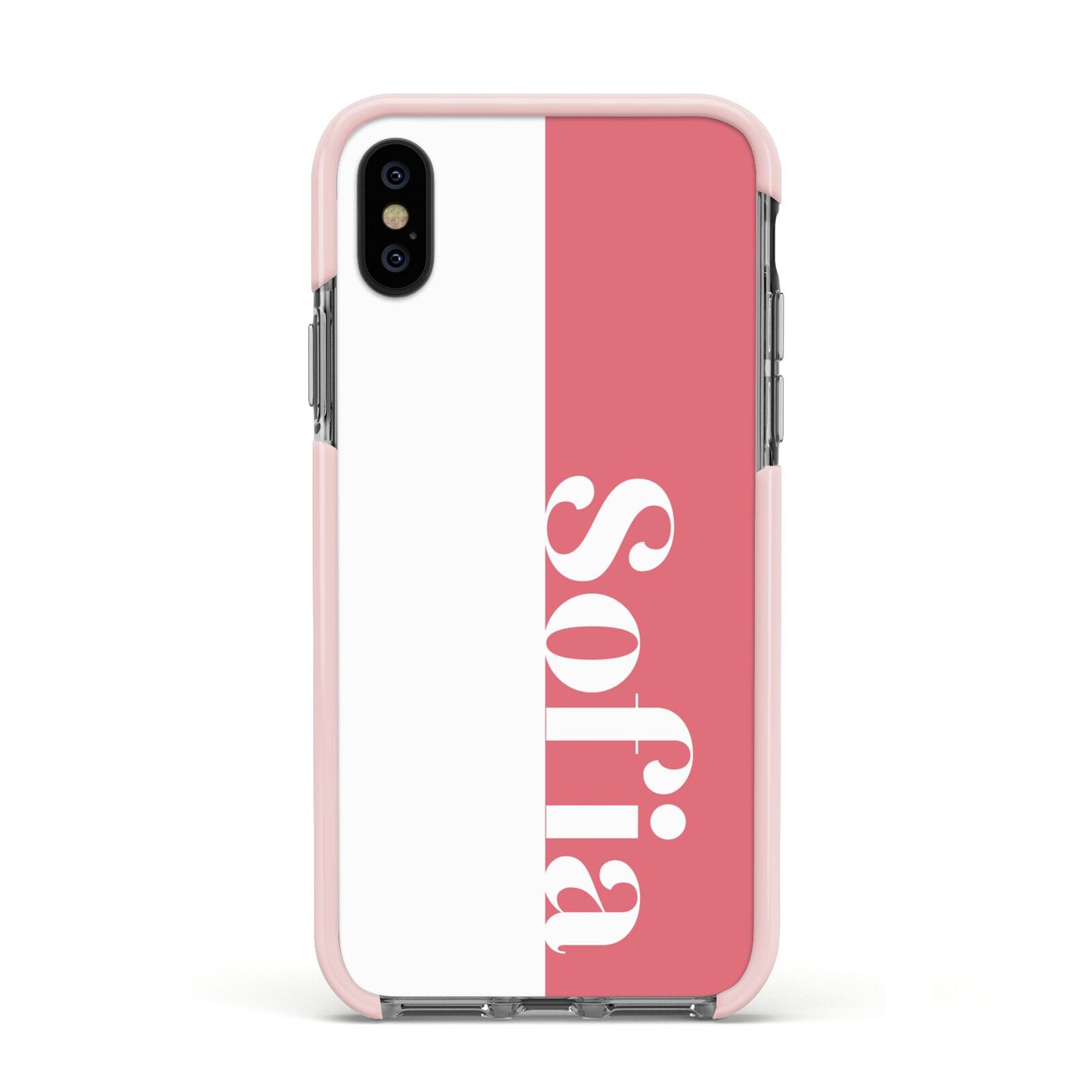 Pink White Personalised Apple iPhone Xs Impact Case Pink Edge on Black Phone