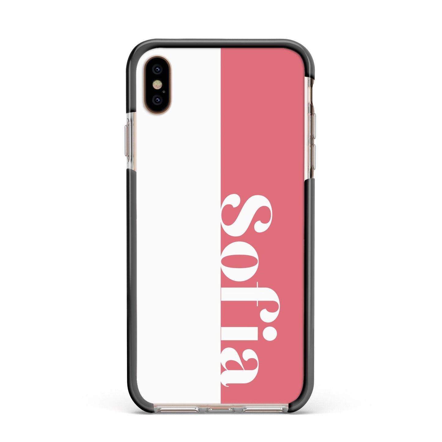 Pink White Personalised Apple iPhone Xs Max Impact Case Black Edge on Gold Phone