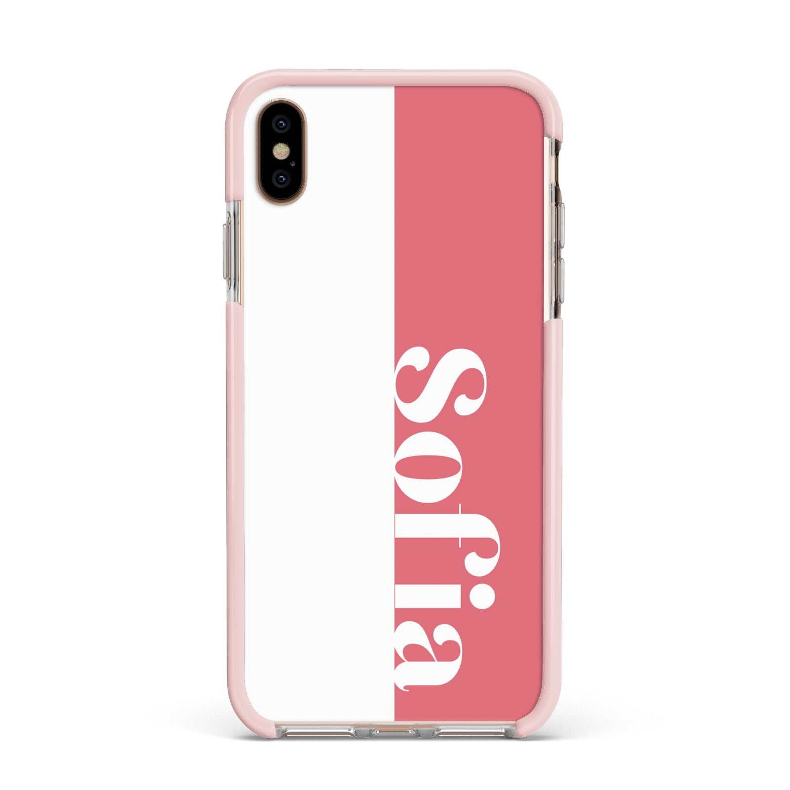 Pink White Personalised Apple iPhone Xs Max Impact Case Pink Edge on Gold Phone