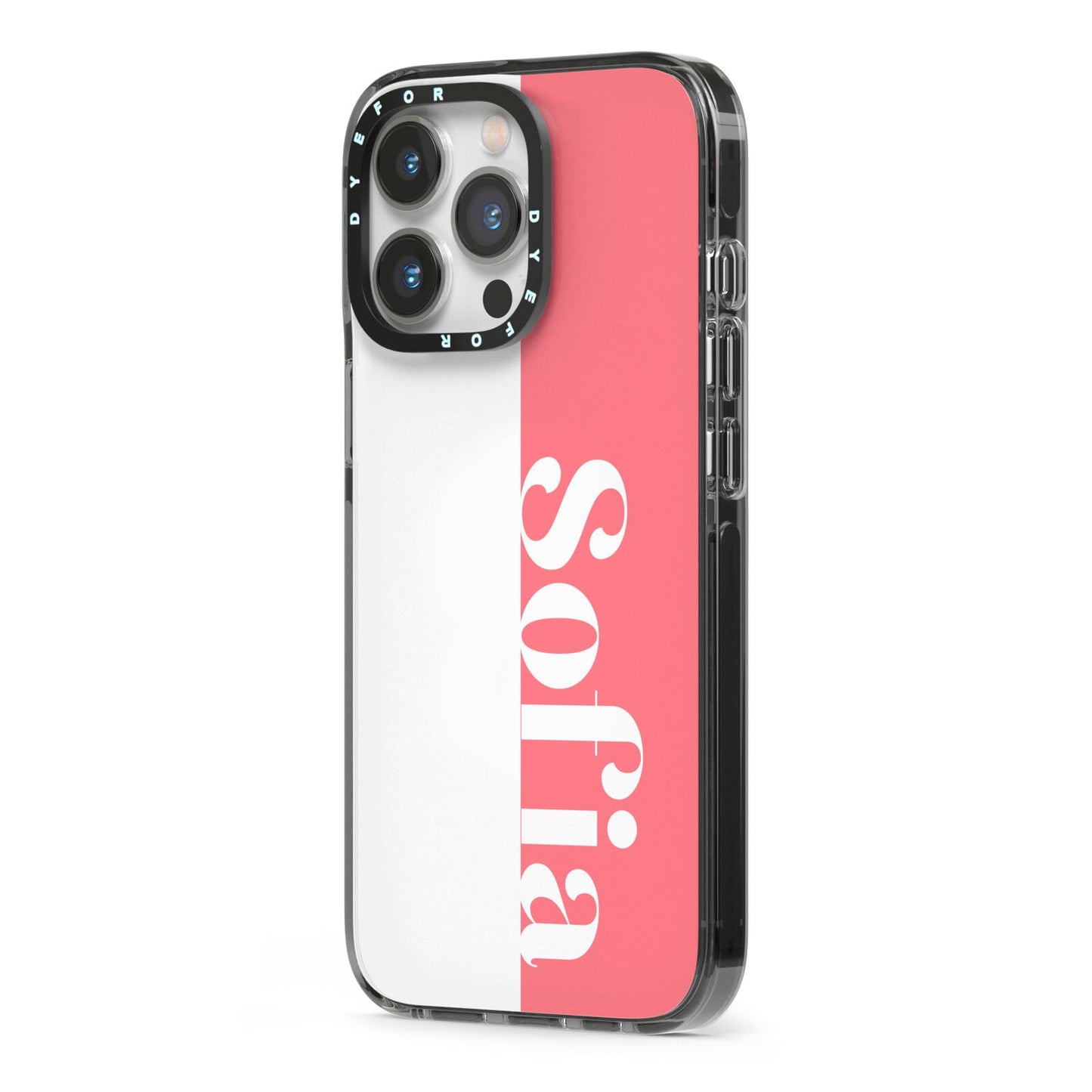 Pink White Personalised iPhone 13 Pro Black Impact Case Side Angle on Silver phone