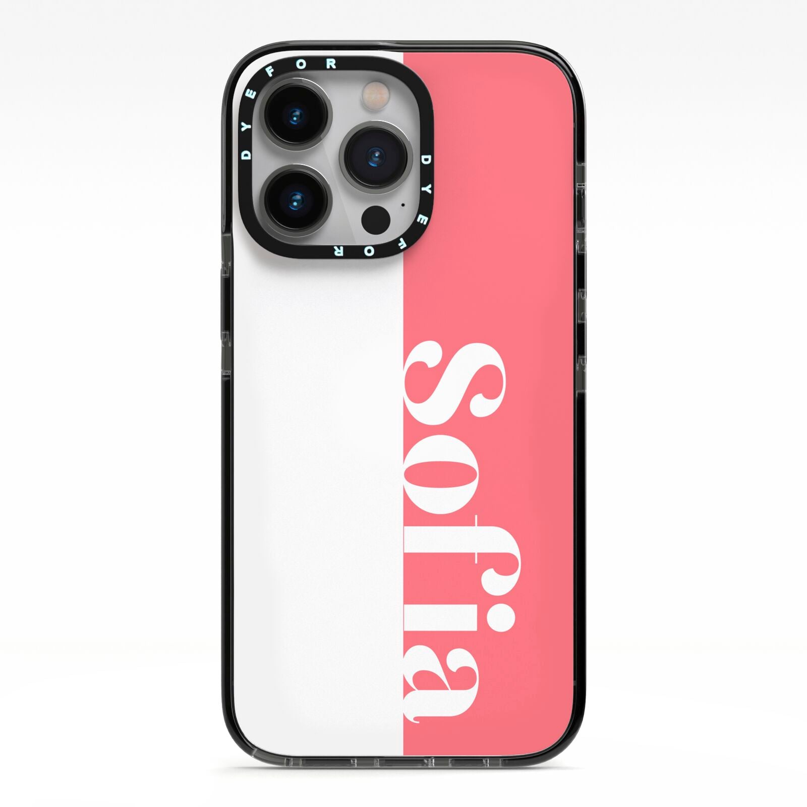 Pink White Personalised iPhone 13 Pro Black Impact Case on Silver phone