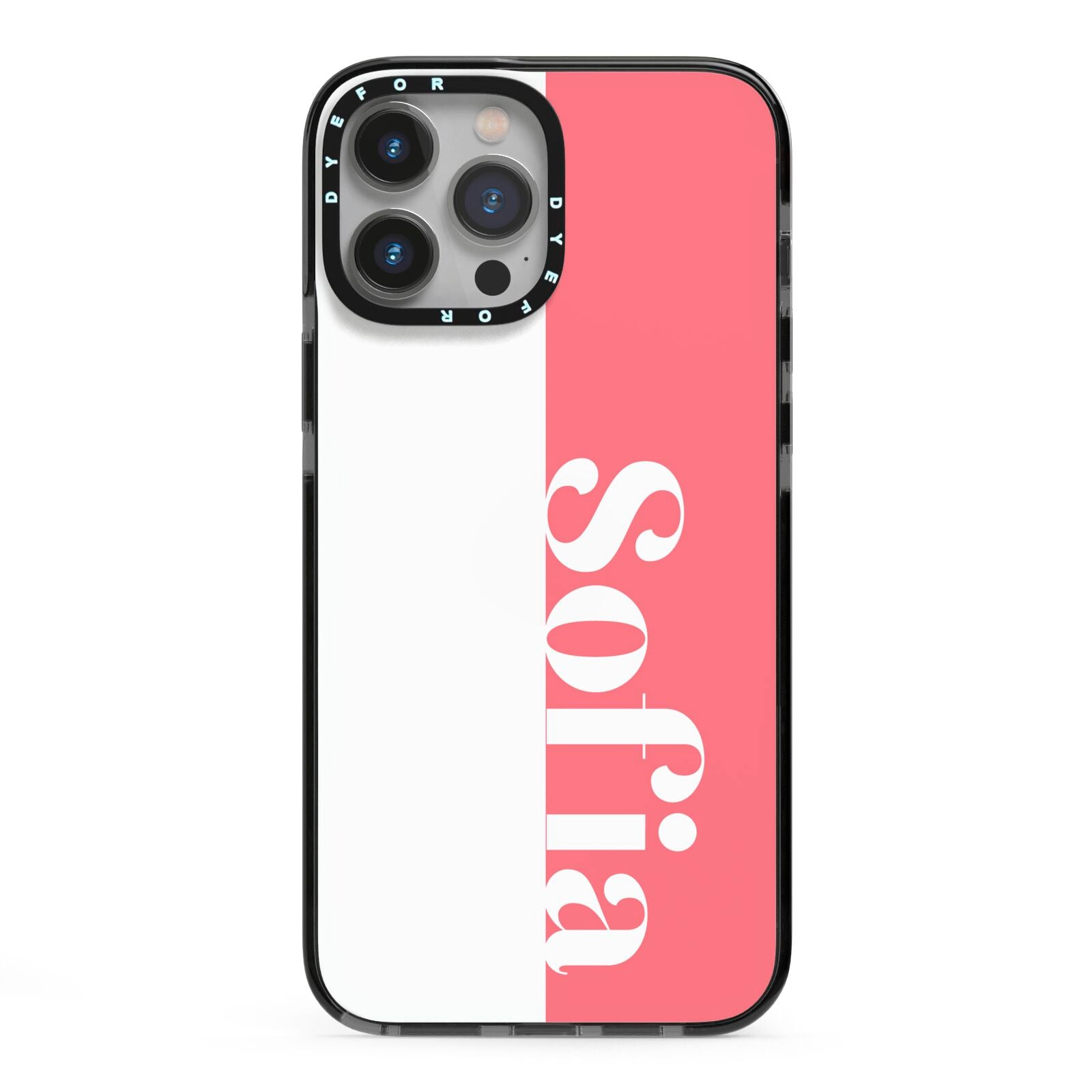 Pink White Personalised iPhone 13 Pro Max Black Impact Case on Silver phone