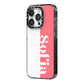 Pink White Personalised iPhone 14 Pro Black Impact Case Side Angle on Silver phone