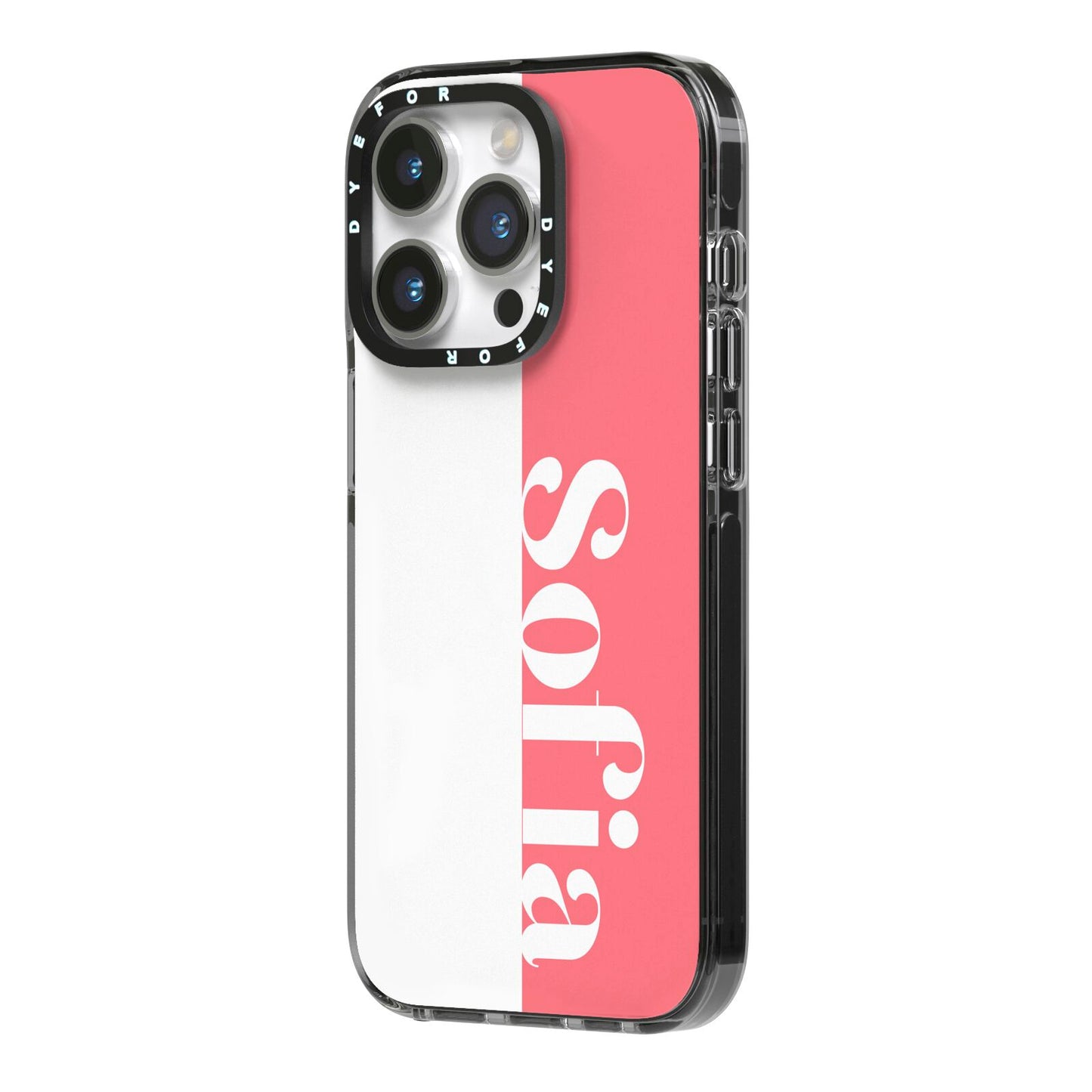 Pink White Personalised iPhone 14 Pro Black Impact Case Side Angle on Silver phone