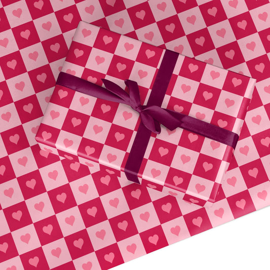 Pink and Red Checker Heart Custom Wrapping Paper