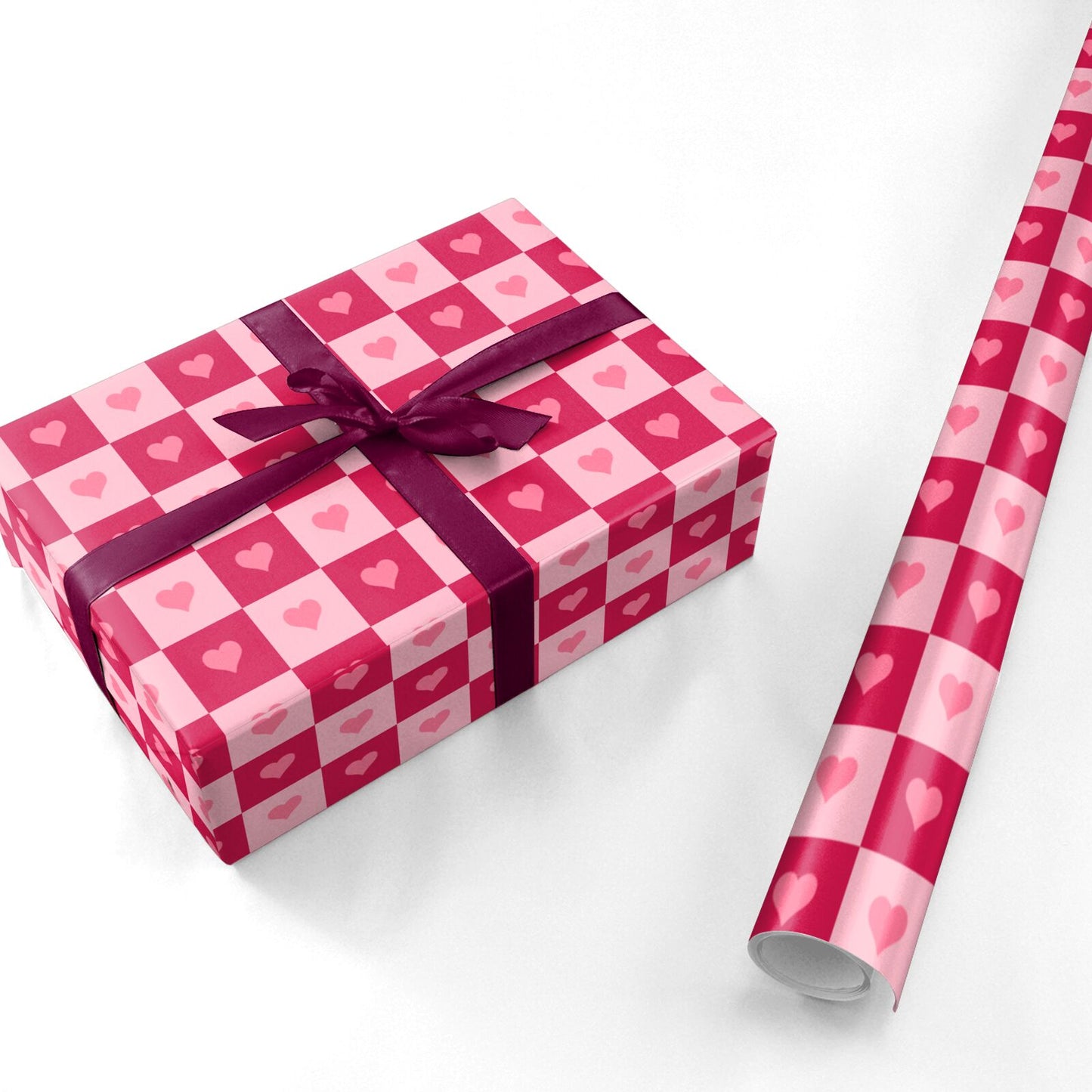 Pink and Red Checker Heart Personalised Wrapping Paper