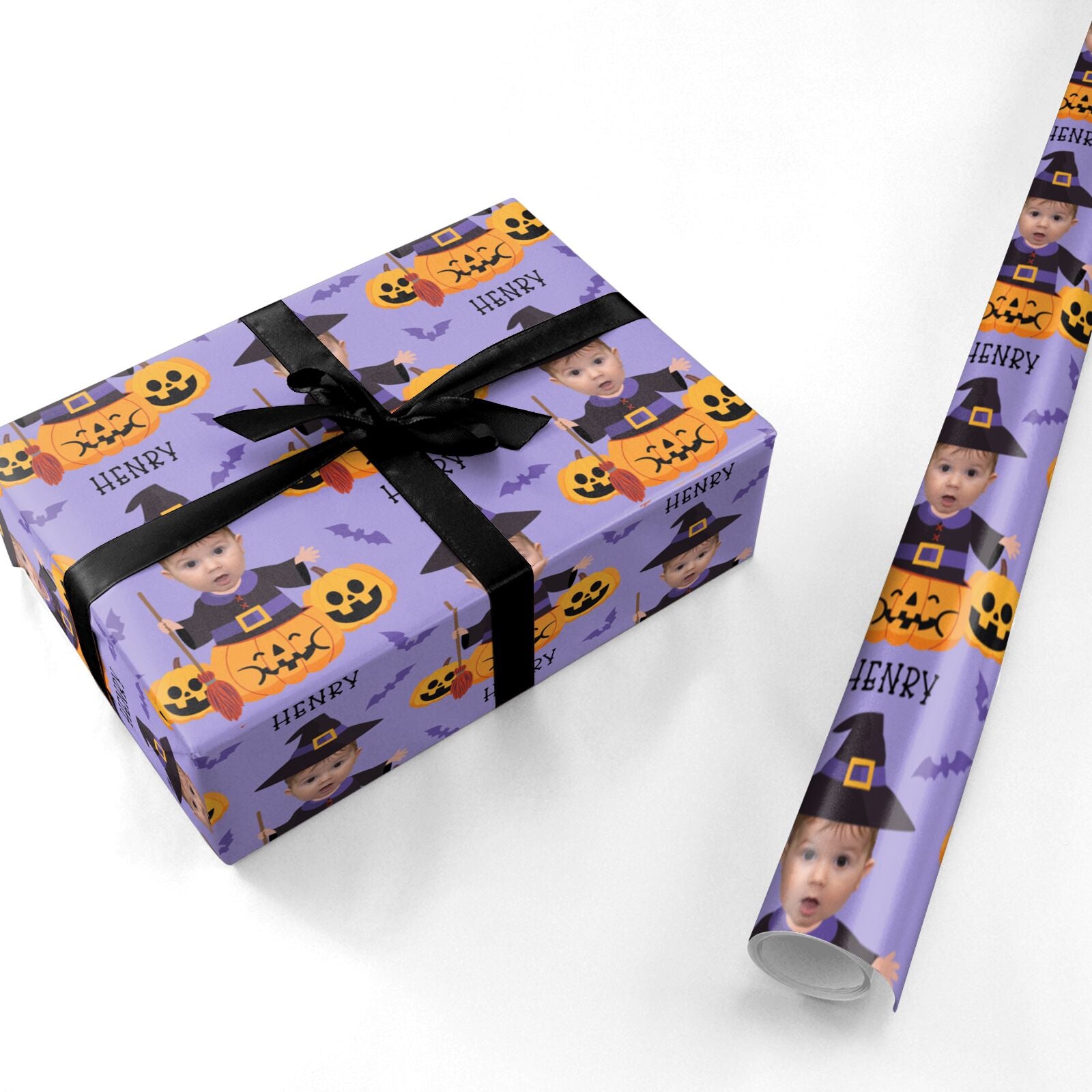 Pumpkin Witch Photo Face Personalised Wrapping Paper