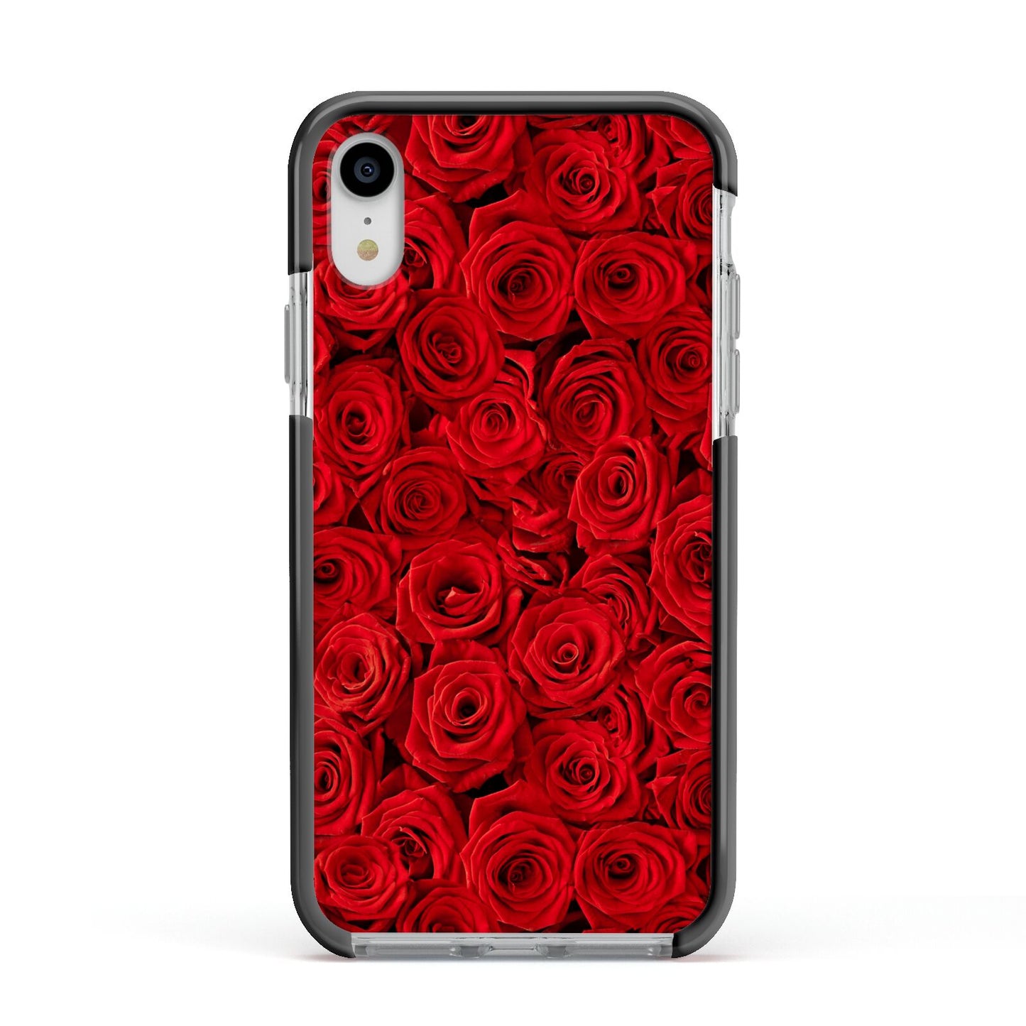 Red Rose Apple iPhone XR Impact Case Black Edge on Silver Phone