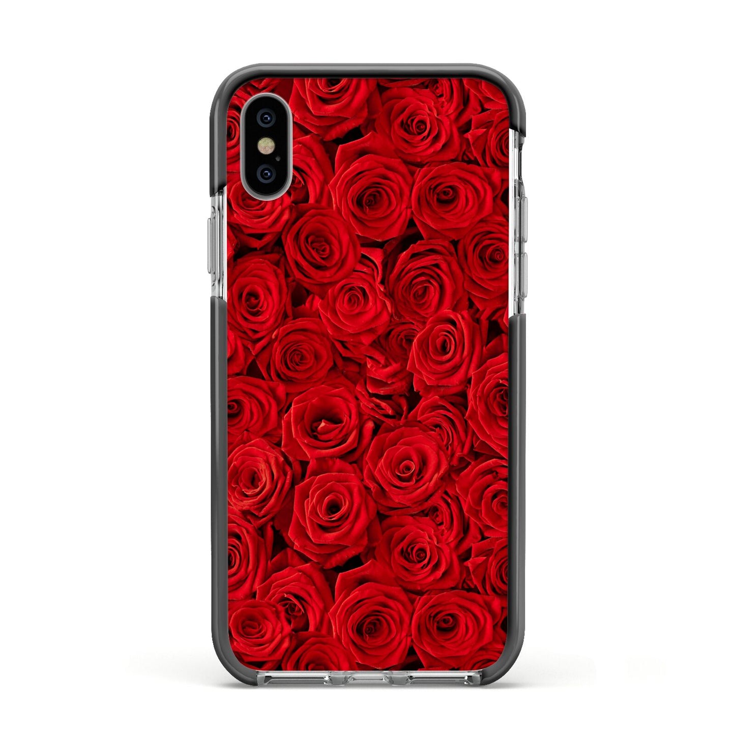 Red Rose Apple iPhone Xs Impact Case Black Edge on Silver Phone