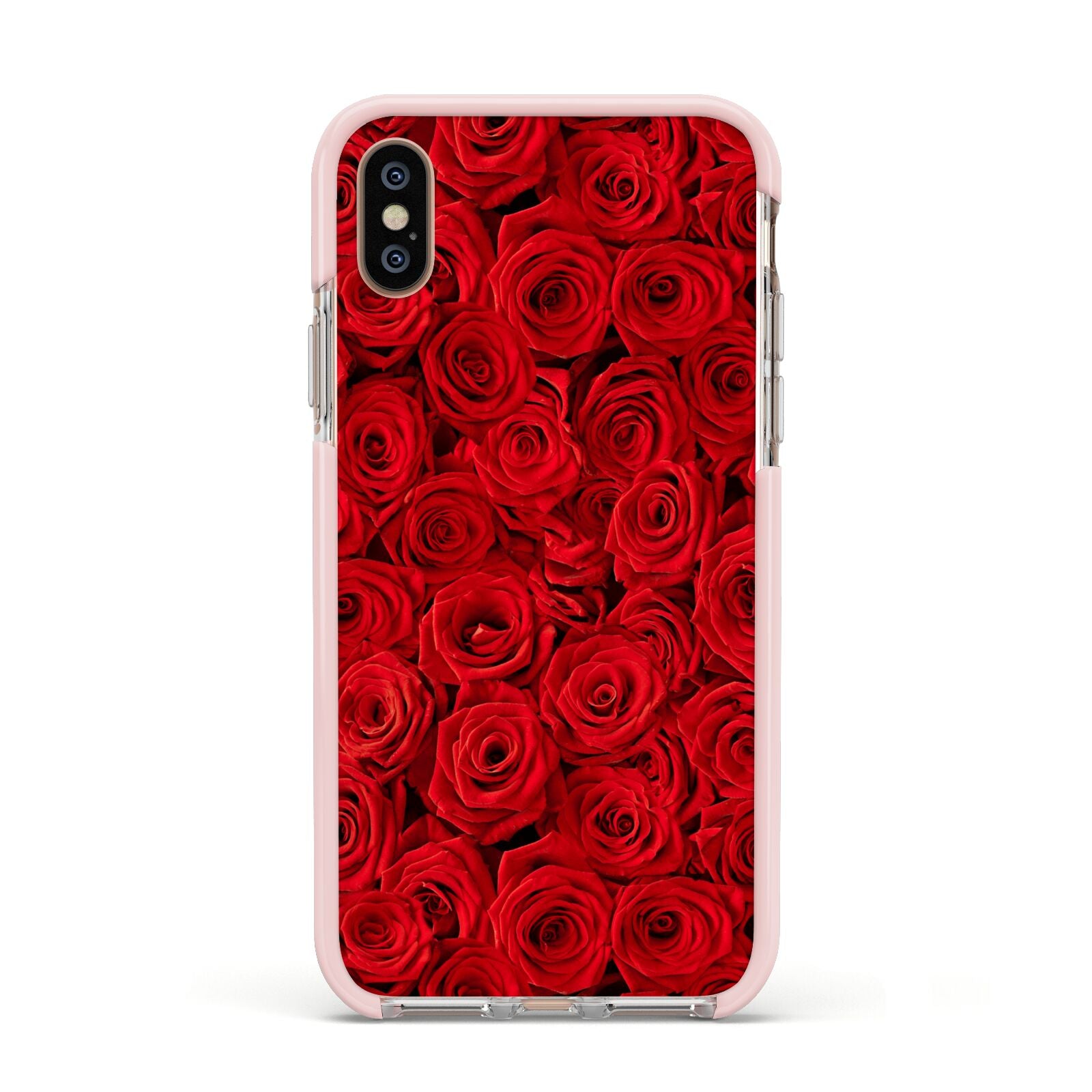 Red Rose Apple iPhone Xs Impact Case Pink Edge on Gold Phone