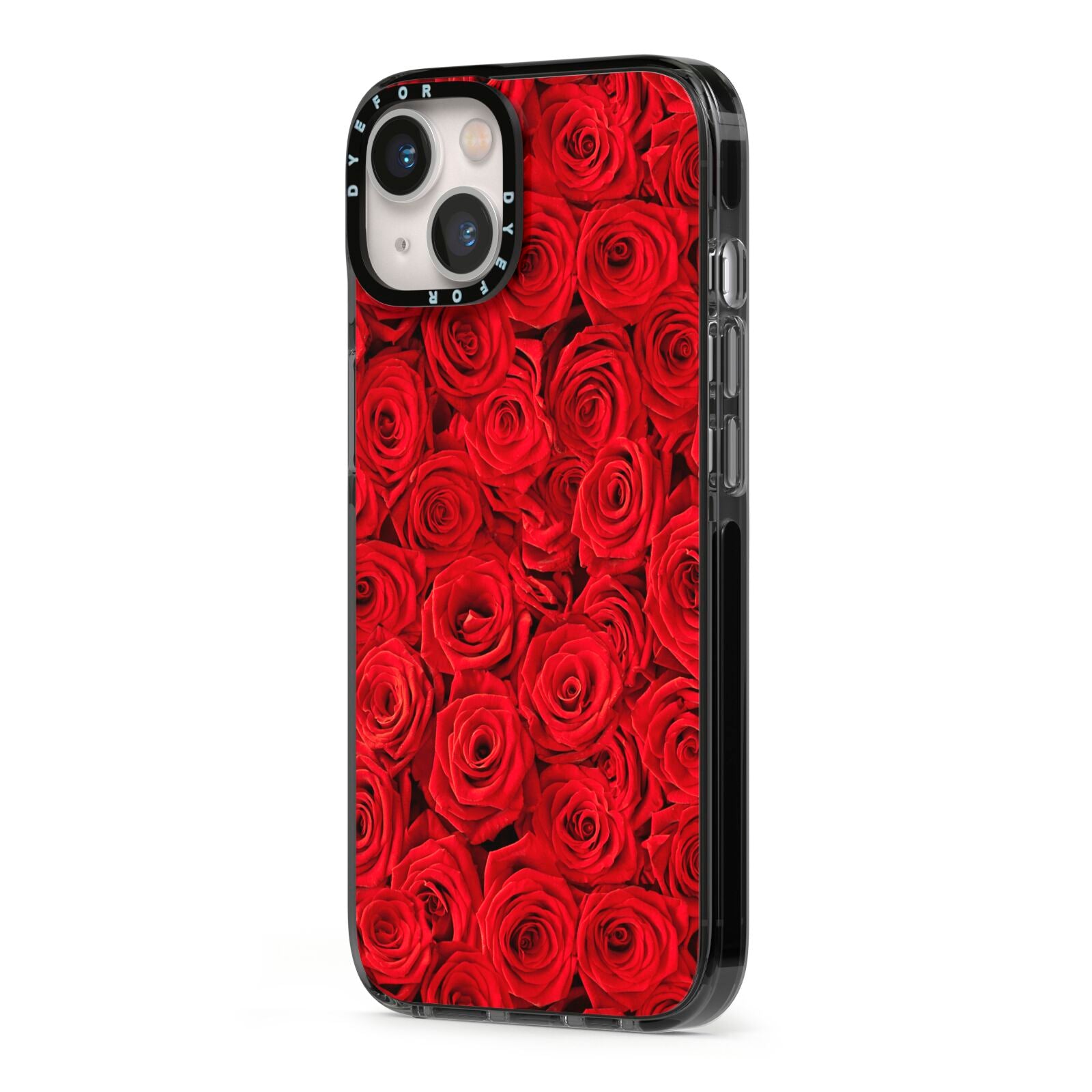 Red Rose iPhone 13 Black Impact Case Side Angle on Silver phone