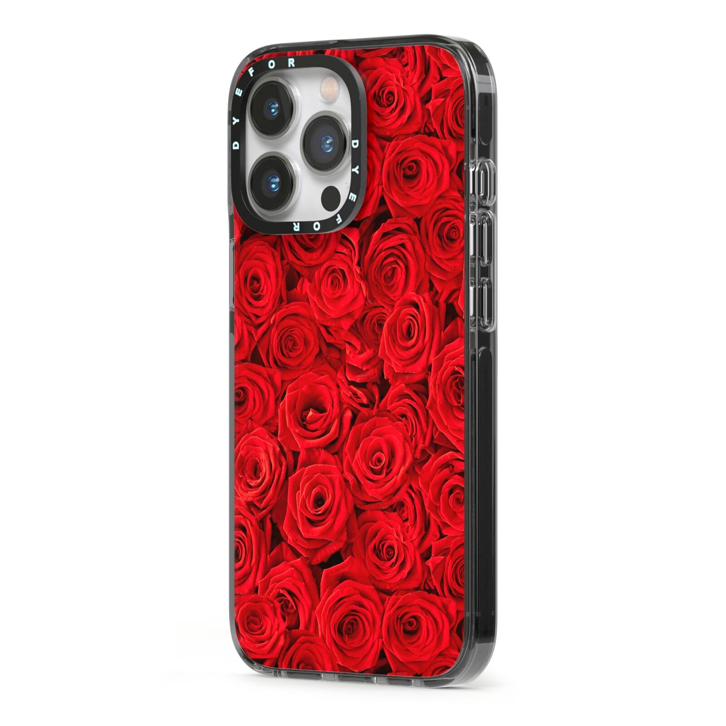 Red Rose iPhone 13 Pro Black Impact Case Side Angle on Silver phone