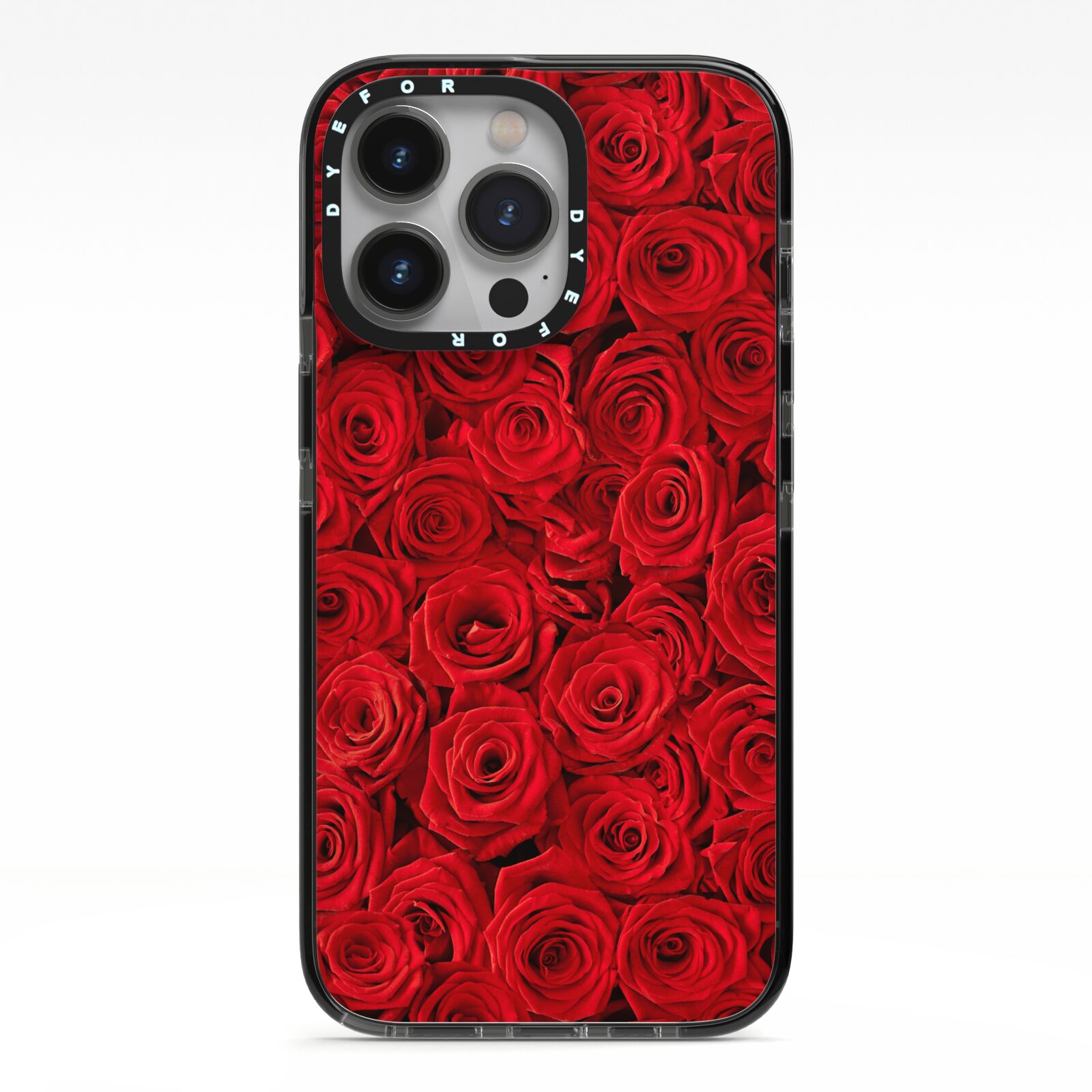 Red Rose iPhone 13 Pro Black Impact Case on Silver phone