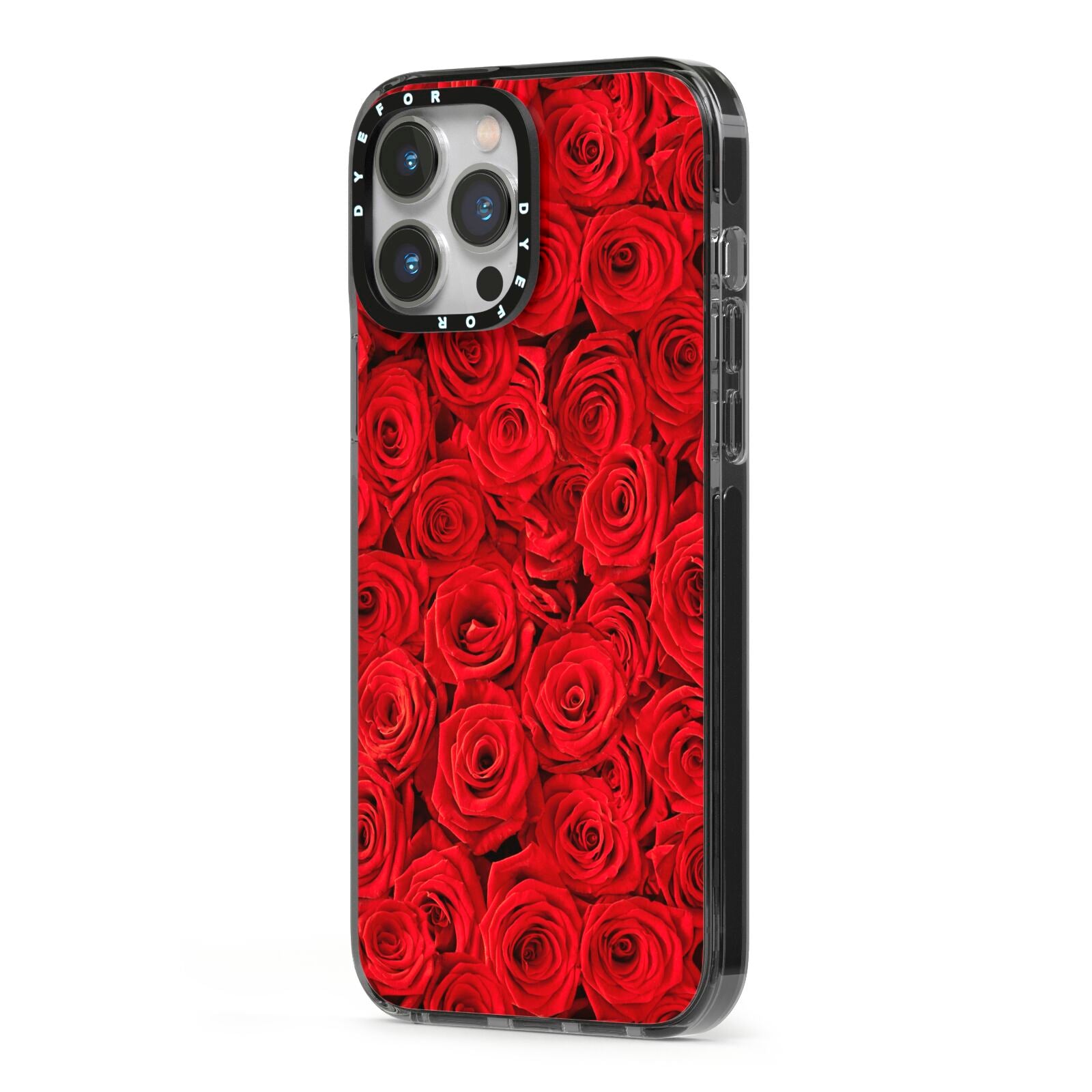 Red Rose iPhone 13 Pro Max Black Impact Case Side Angle on Silver phone