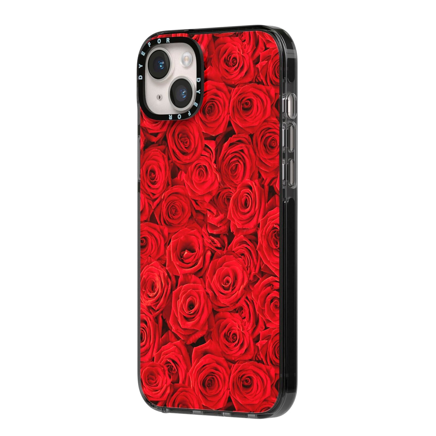 Red Rose iPhone 14 Plus Black Impact Case Side Angle on Silver phone