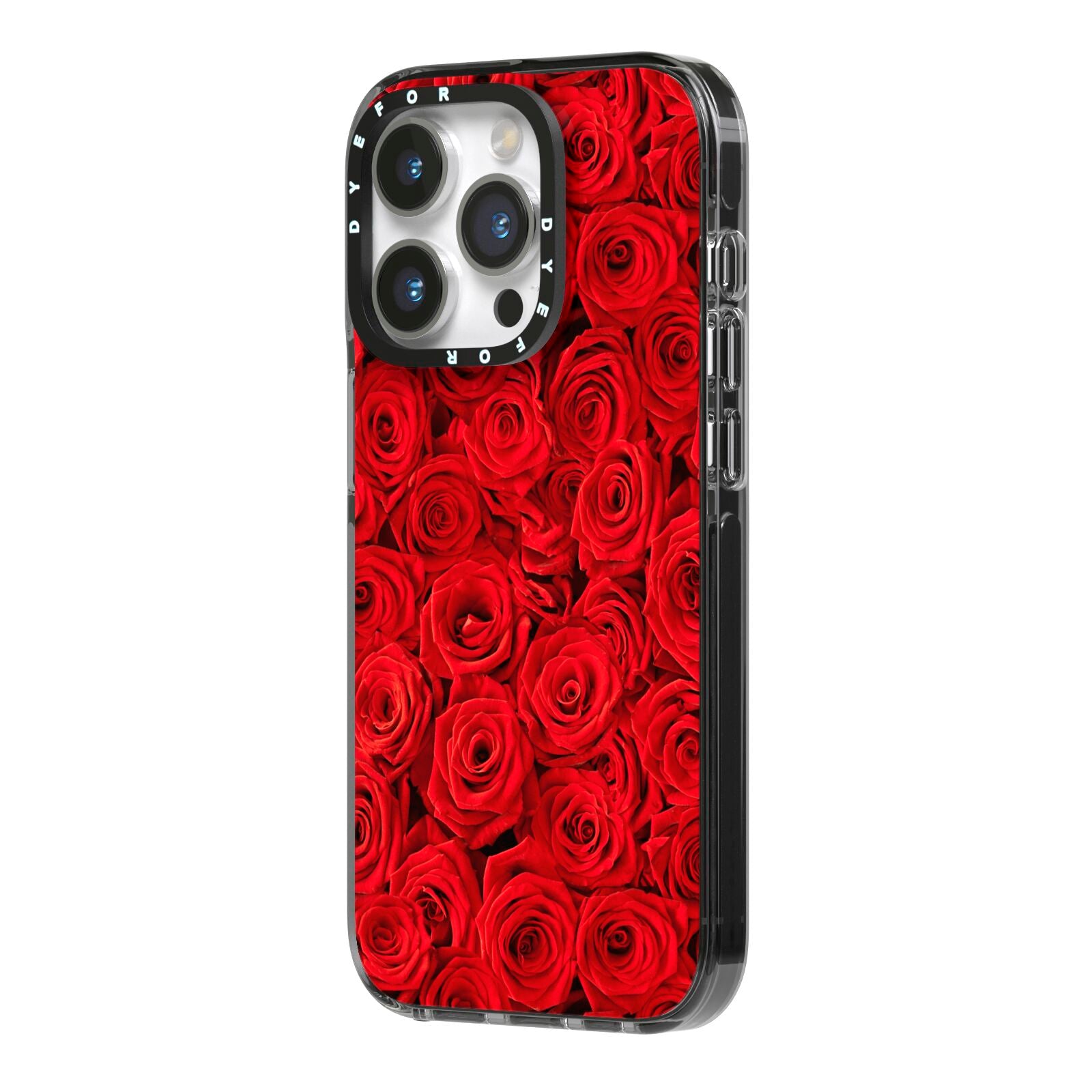 Red Rose iPhone 14 Pro Black Impact Case Side Angle on Silver phone