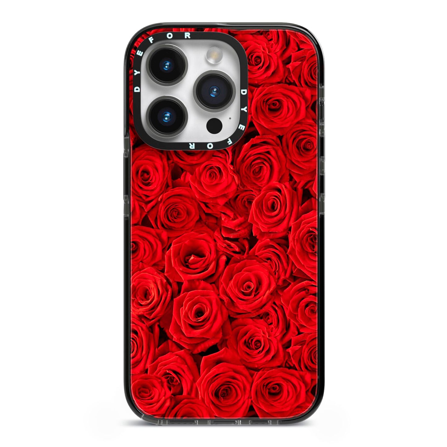 Red Rose iPhone 14 Pro Black Impact Case on Silver phone