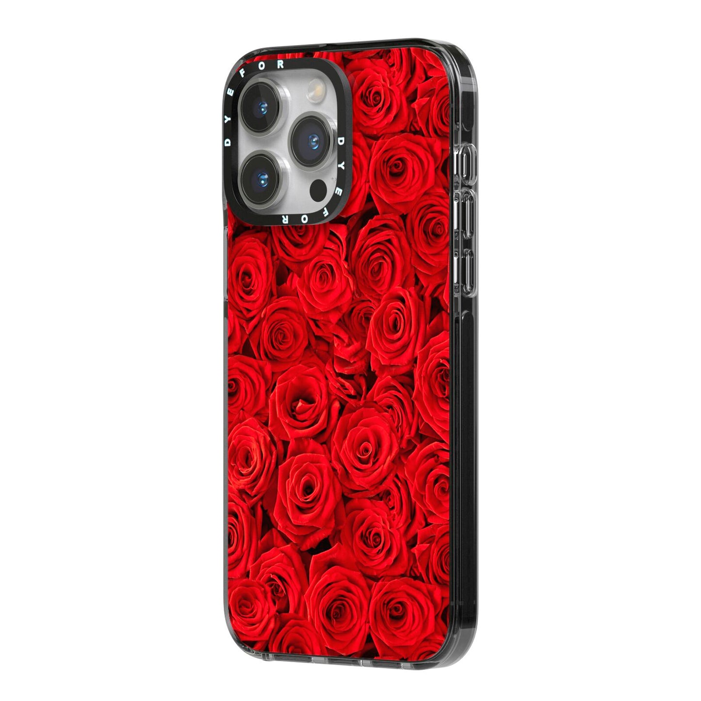 Red Rose iPhone 14 Pro Max Black Impact Case Side Angle on Silver phone