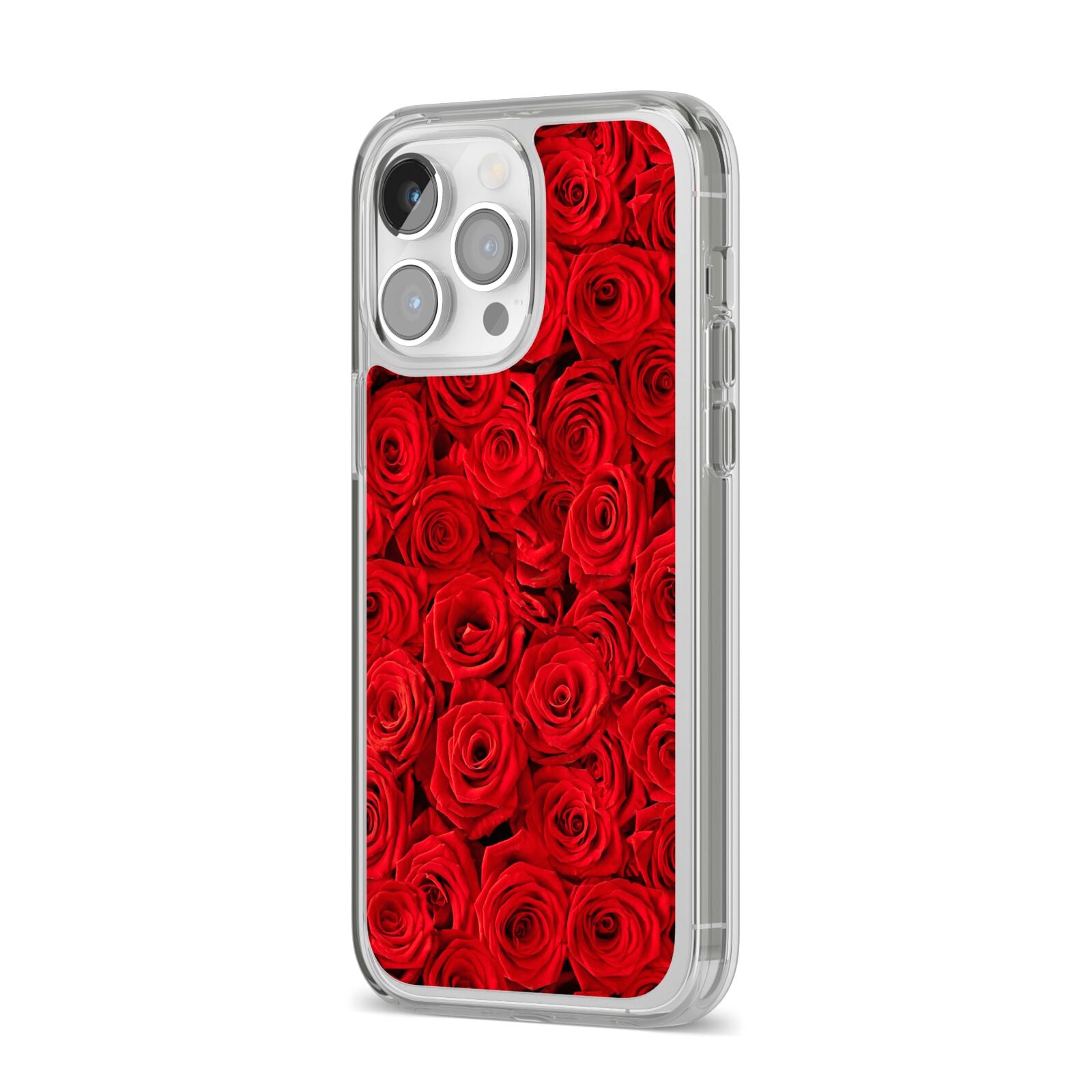 Red Rose iPhone 14 Pro Max Clear Tough Case Silver Angled Image