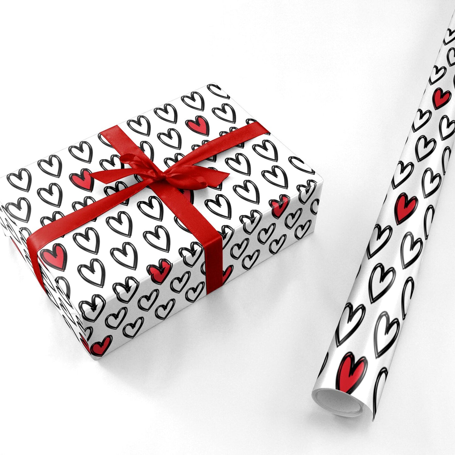 Red and Black Love Heart Outline Personalised Wrapping Paper